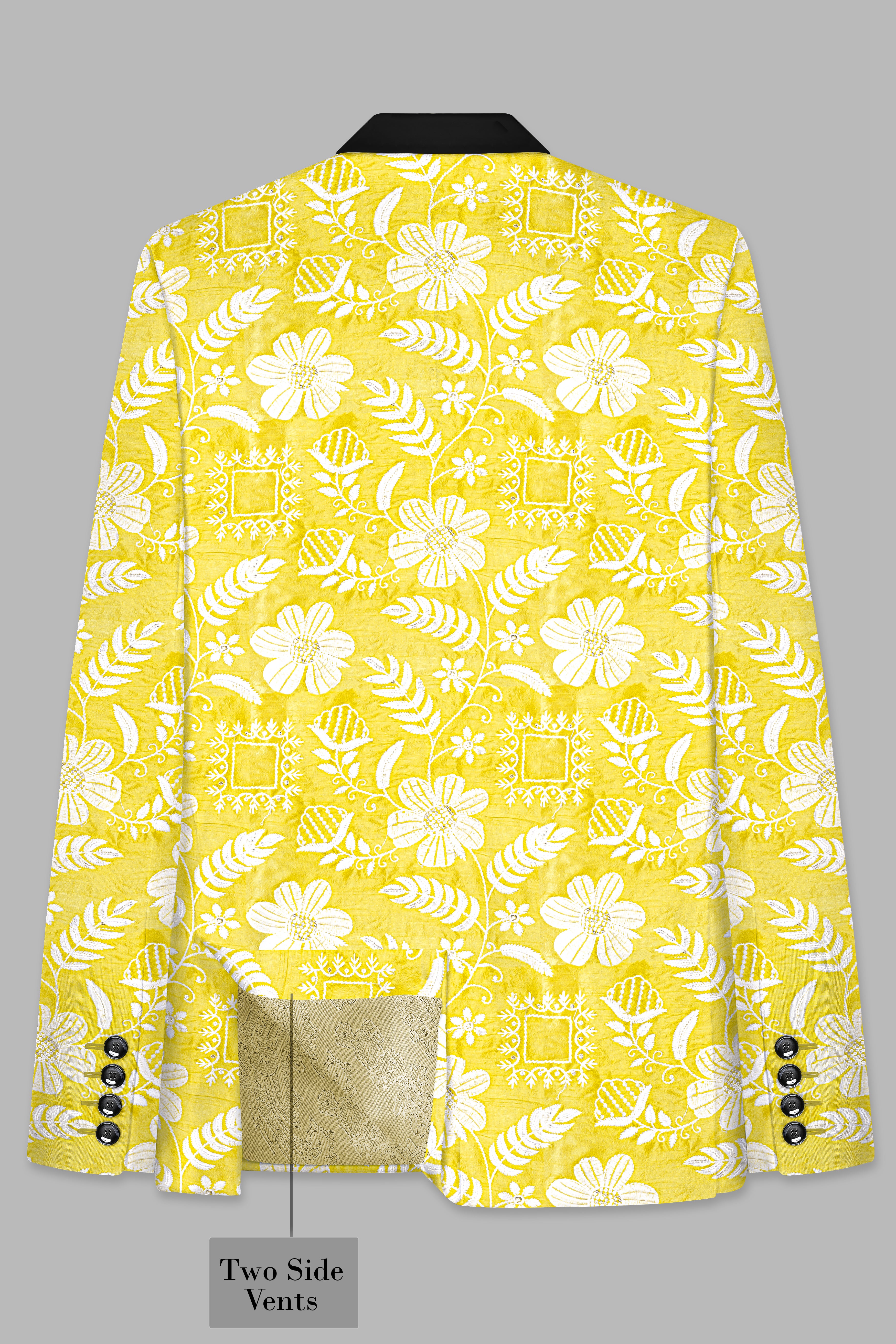 Dandelion Yellow And Bright White Floral Sequin And Thread Embroidered Tuxedo Blazer