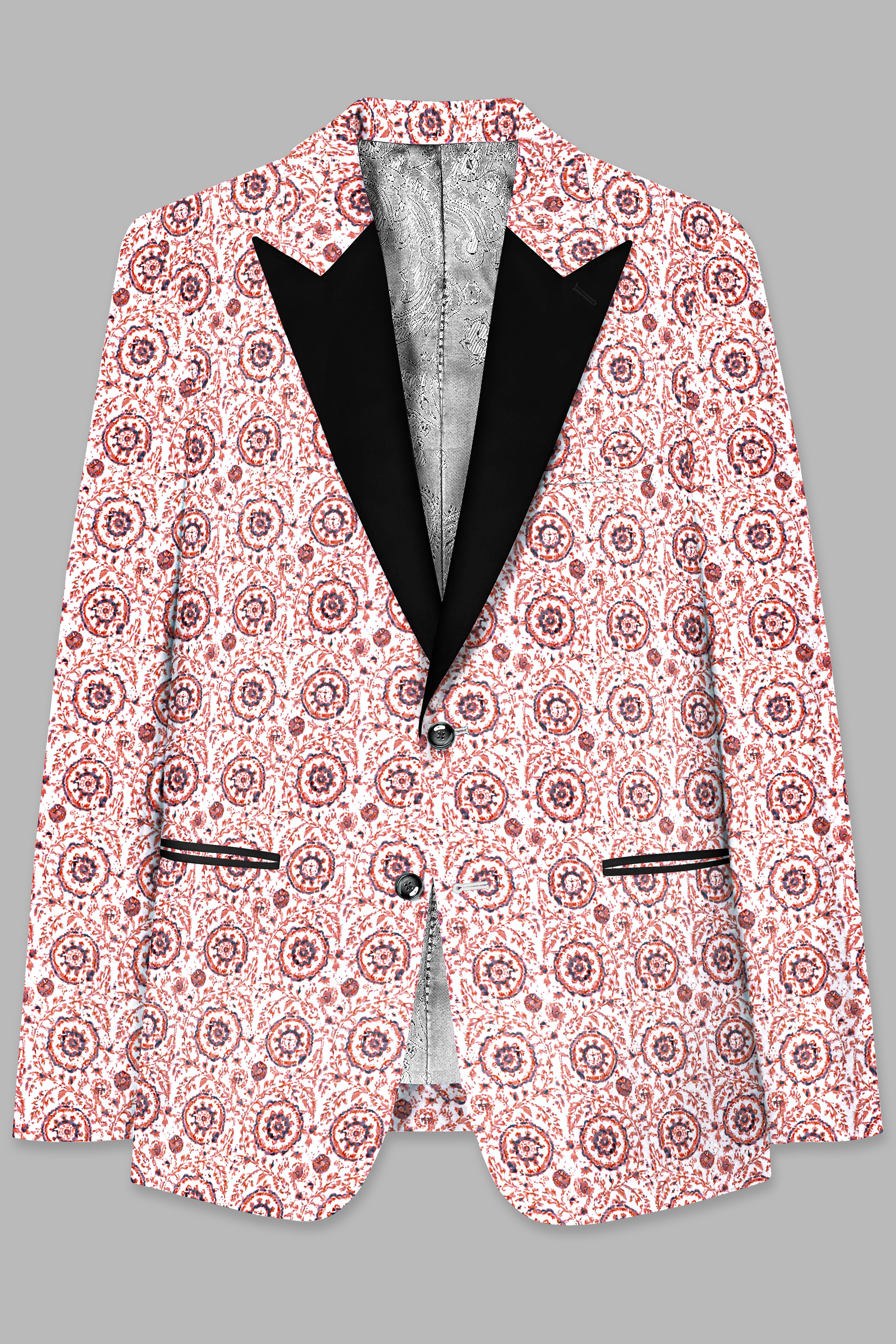 Copper Rust Brown And Bright White Embroidered Peak Lapel Tuxedo Blazer