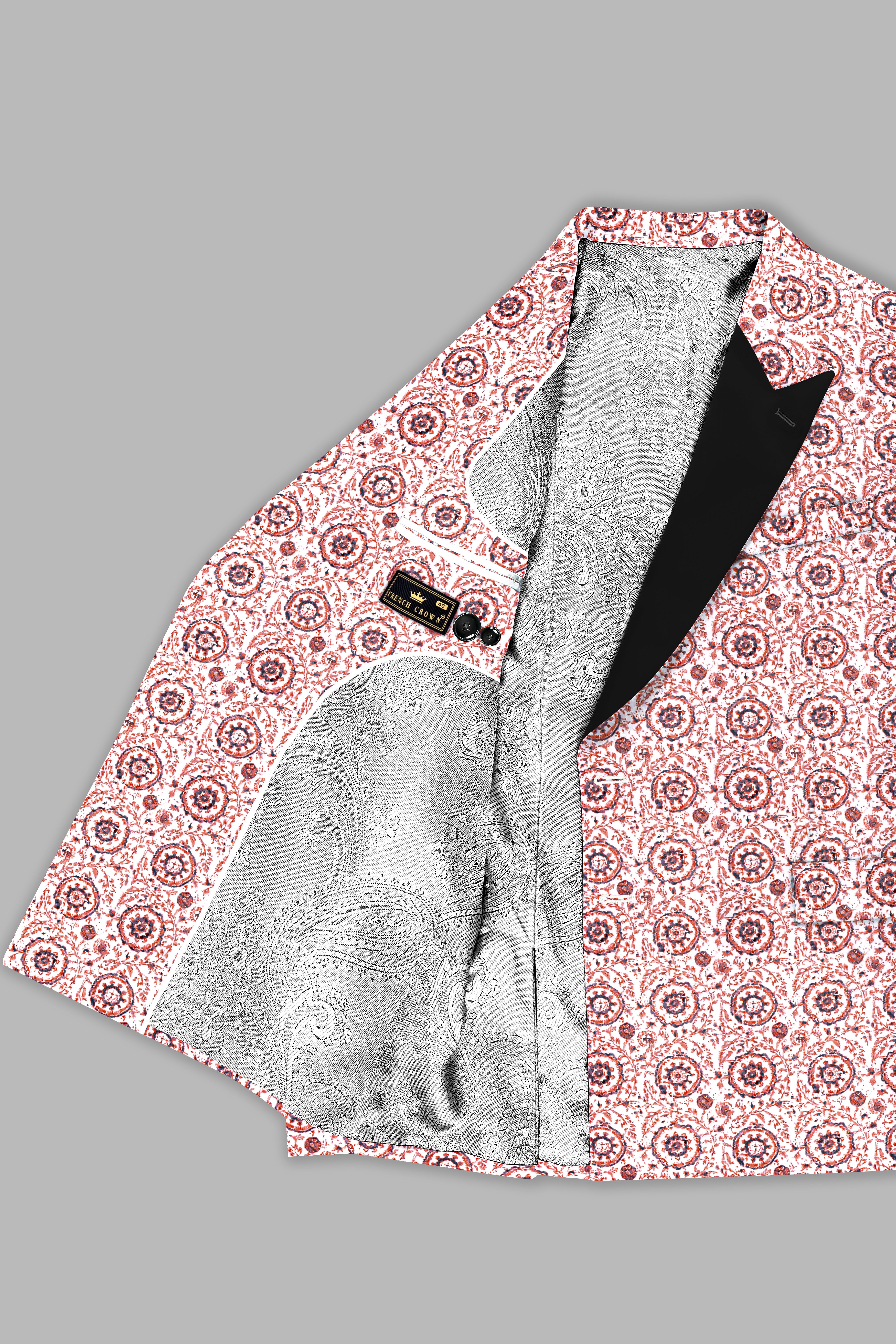 Copper Rust Brown And Bright White Embroidered Peak Lapel Tuxedo Blazer