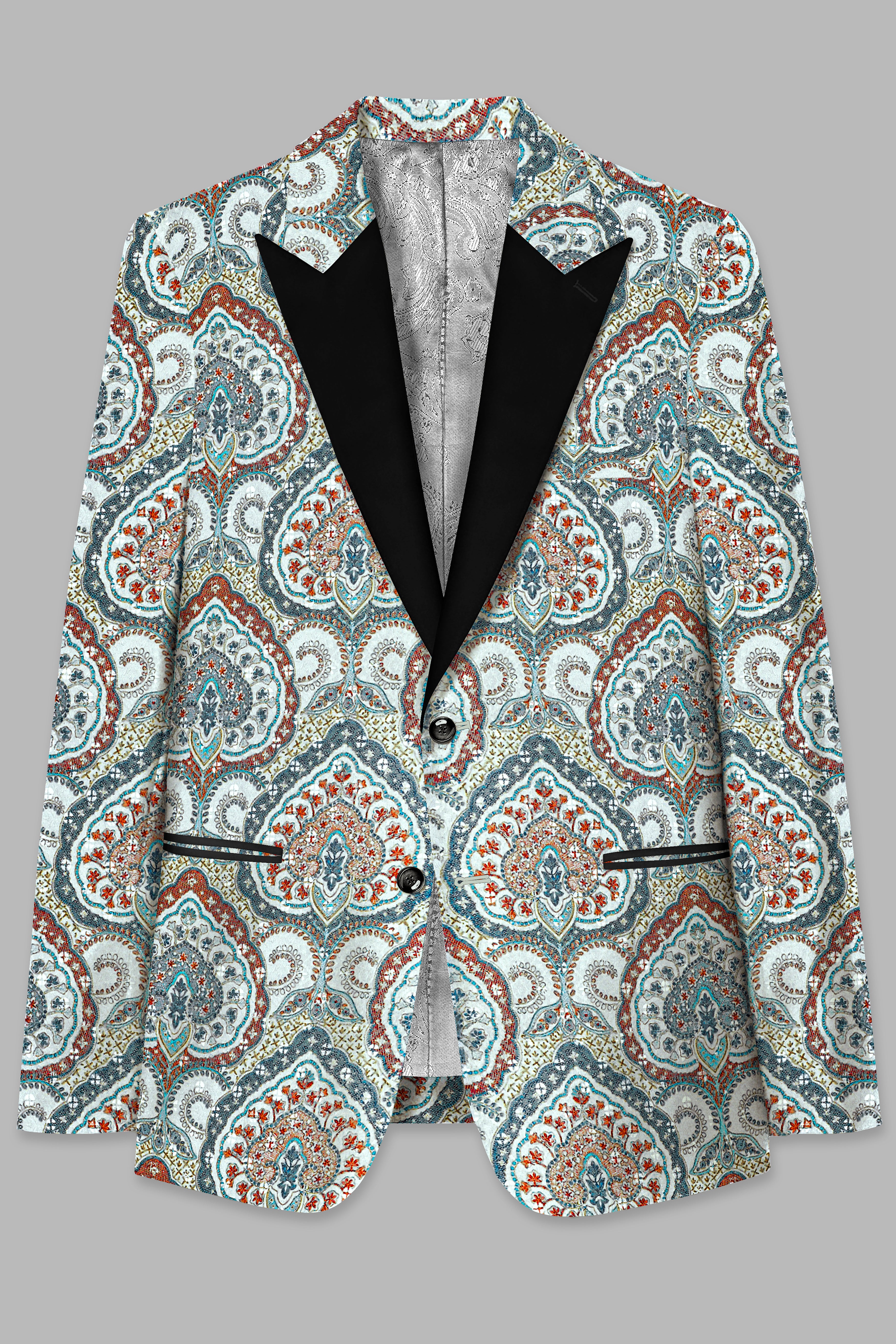 Shiraz Blue And Hippie Red MultiColour Embroidered Peak Lapel Tuxedo Blazer