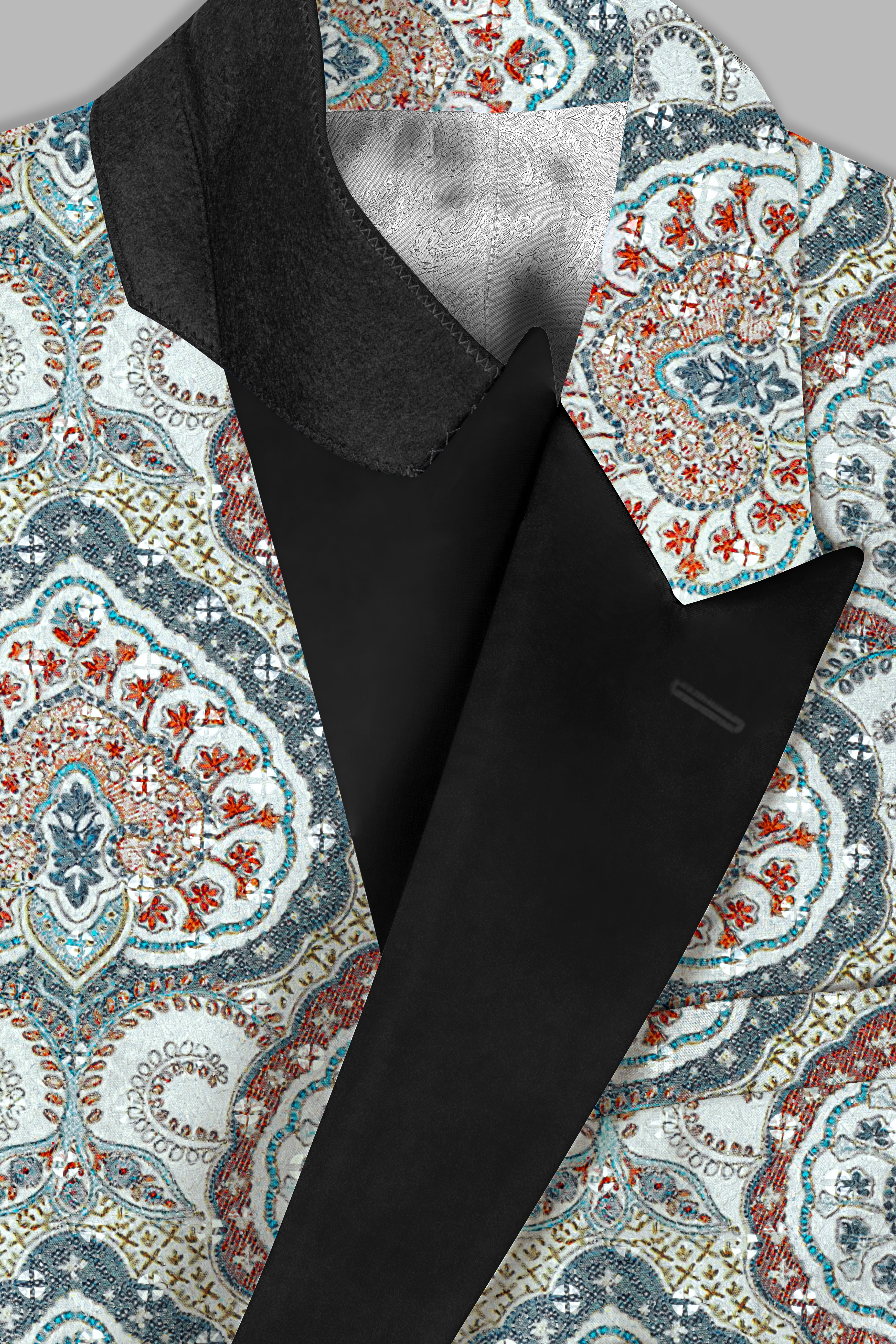 Shiraz Blue And Hippie Red MultiColour Embroidered Peak Lapel Tuxedo Blazer