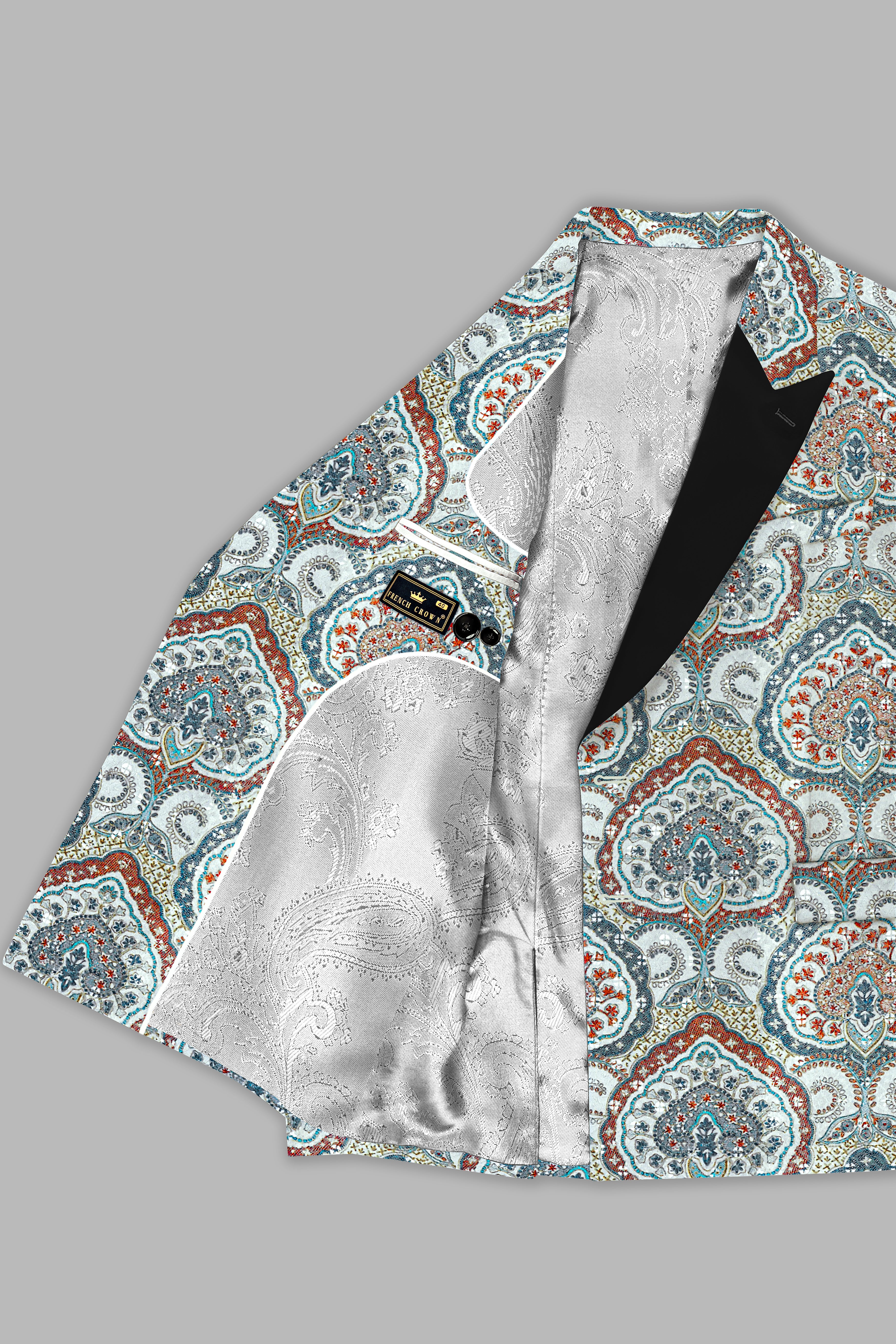 Shiraz Blue And Hippie Red MultiColour Embroidered Peak Lapel Tuxedo Blazer