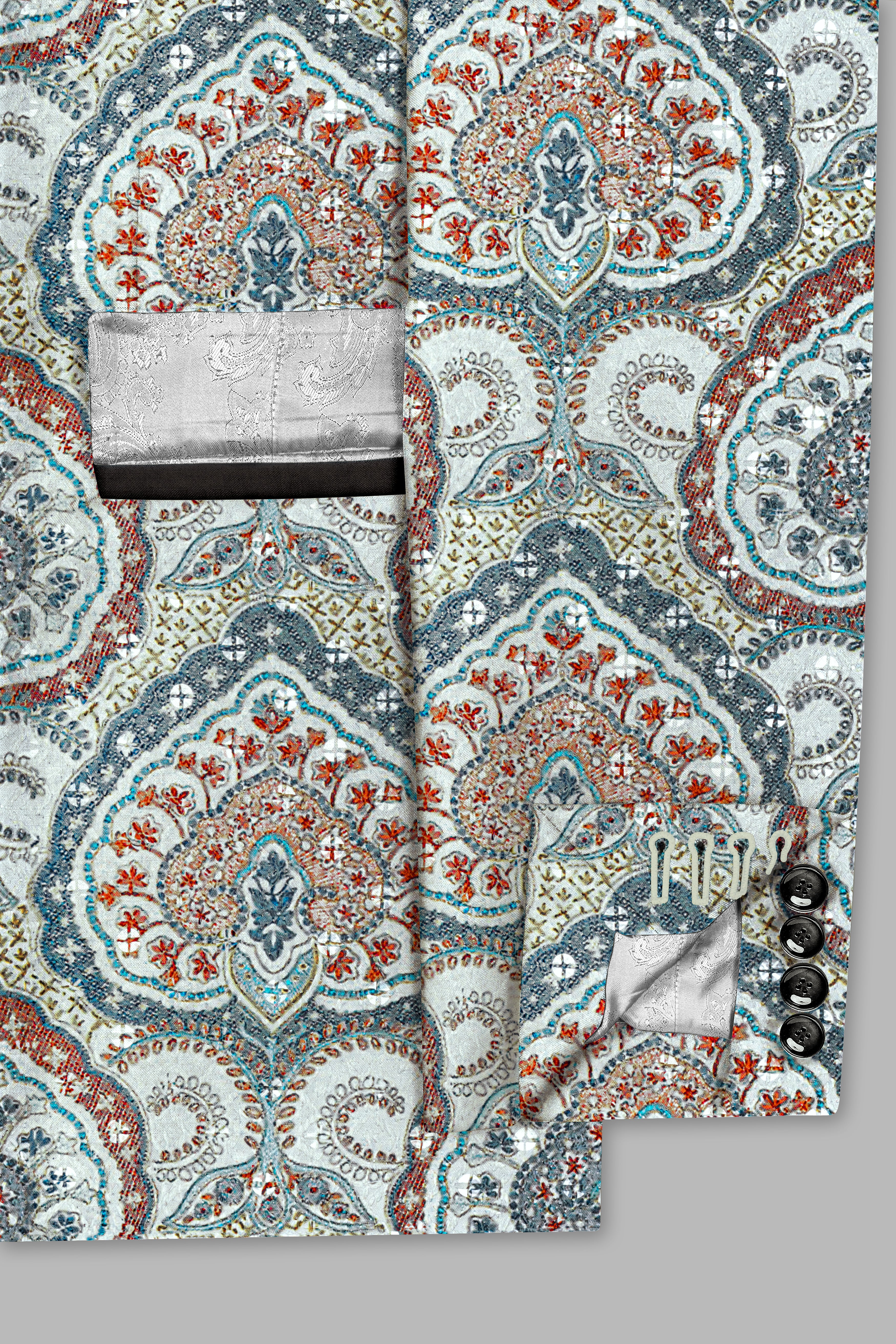 Shiraz Blue And Hippie Red MultiColour Embroidered Peak Lapel Tuxedo Blazer
