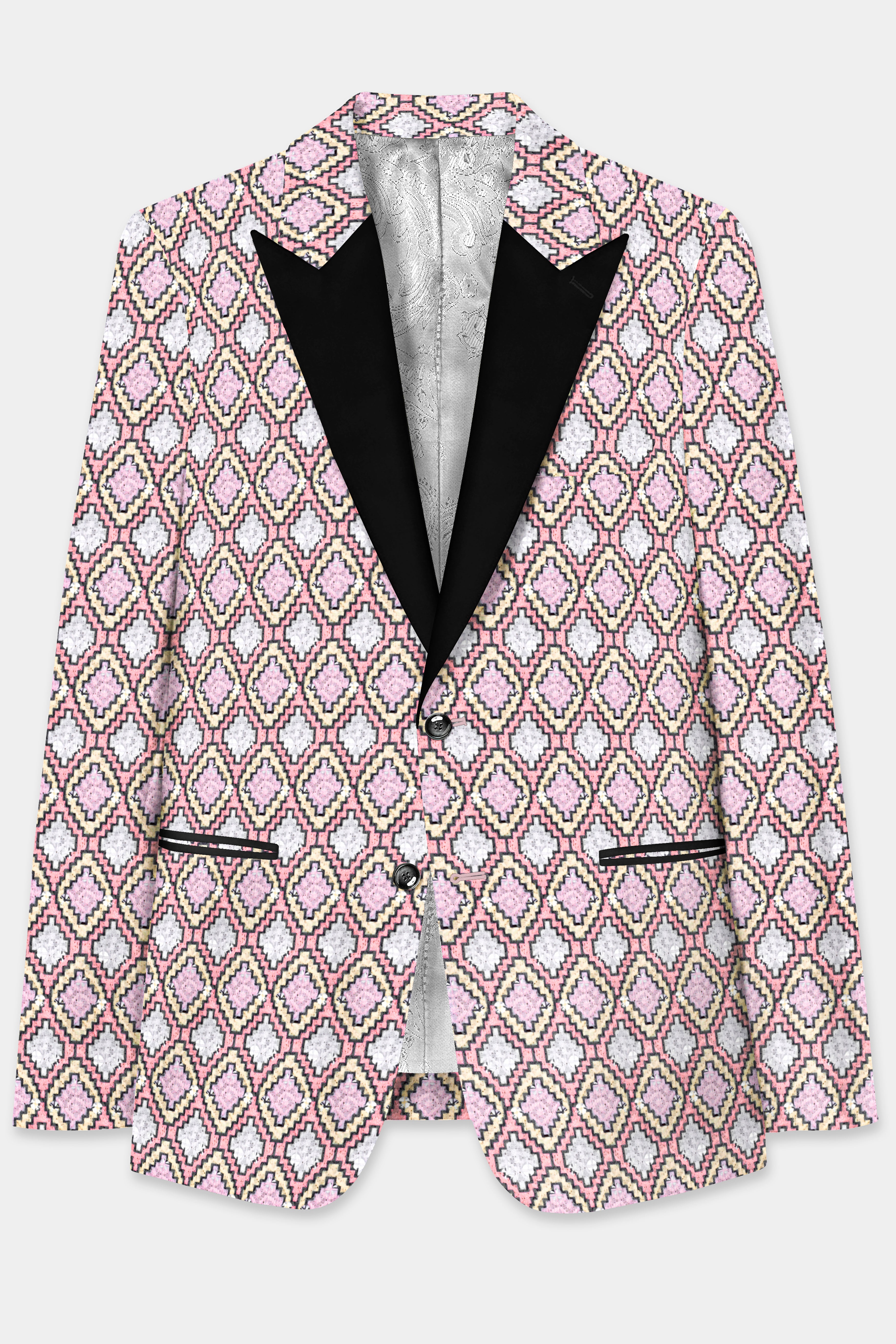 Azalea Pink And Astra Yellow MultiColour Designer Embroidered Peak Lapel Tuxedo Blazer
