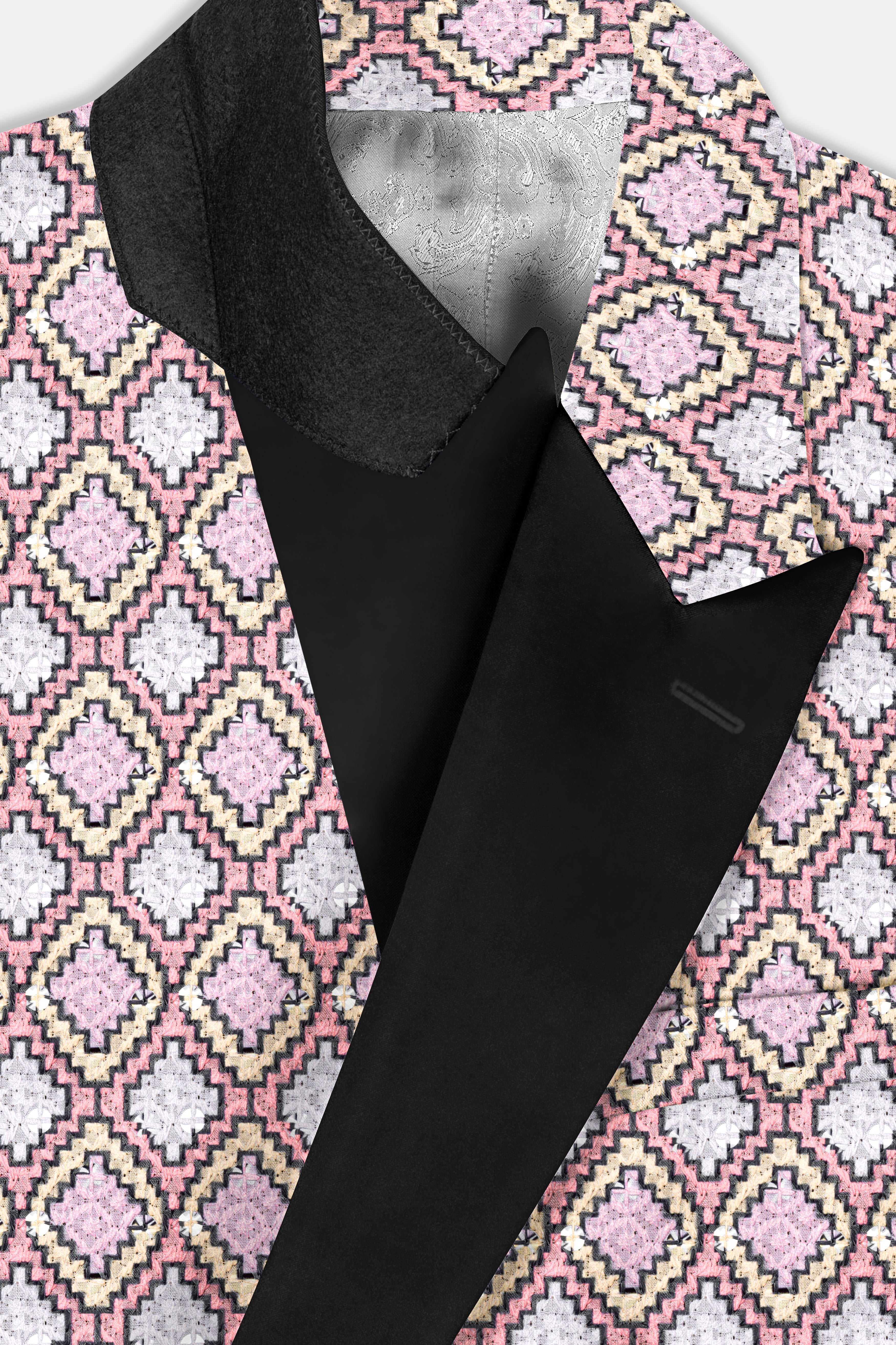 Azalea Pink And Astra Yellow MultiColour Designer Embroidered Peak Lapel Tuxedo Blazer
