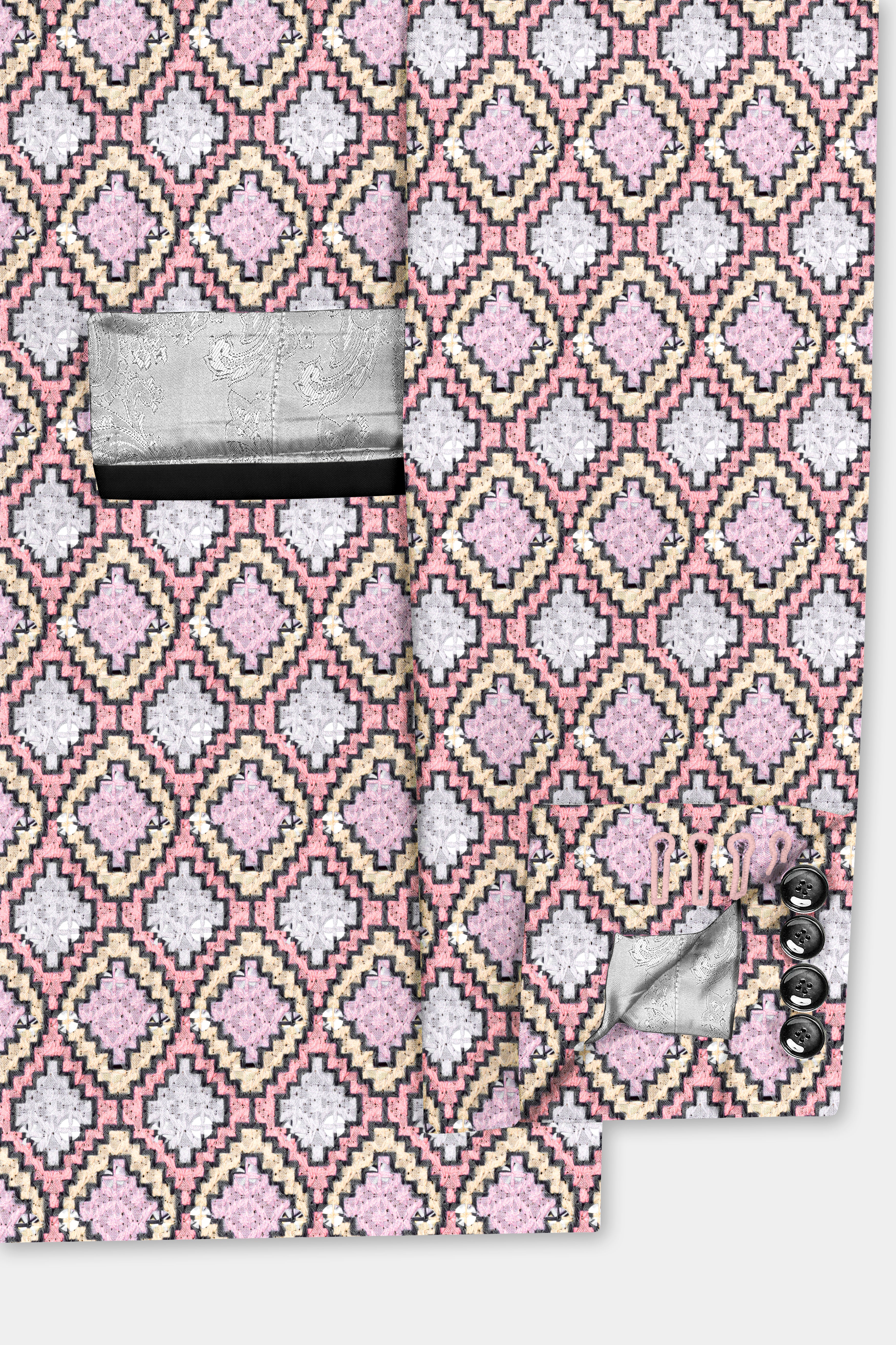 Azalea Pink And Astra Yellow MultiColour Designer Embroidered Peak Lapel Tuxedo Blazer