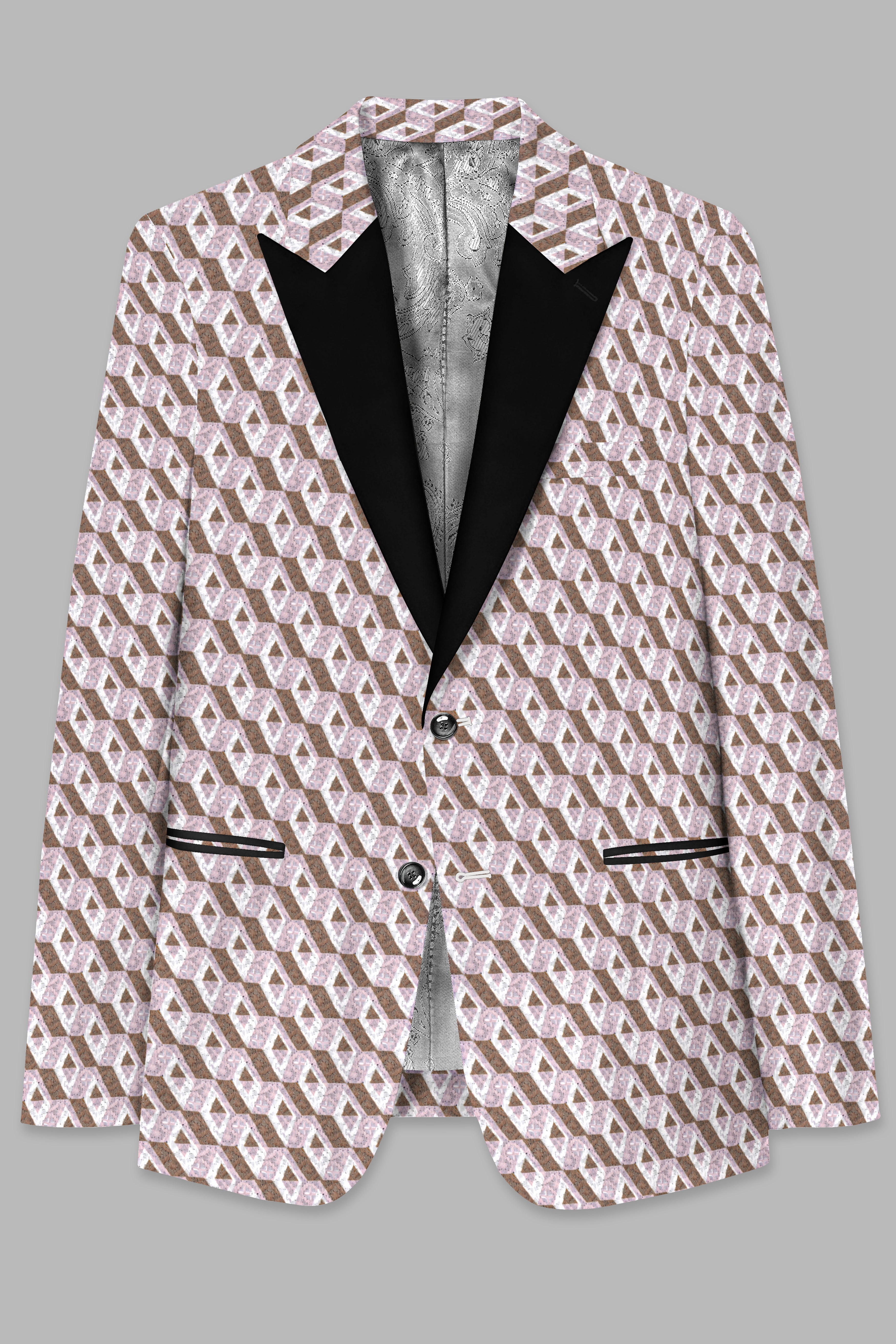 Clam Shell Pink and Roman Coffee Brown 3D Box Quilt Embroidered Peak Lapel Tuxedo Blazer