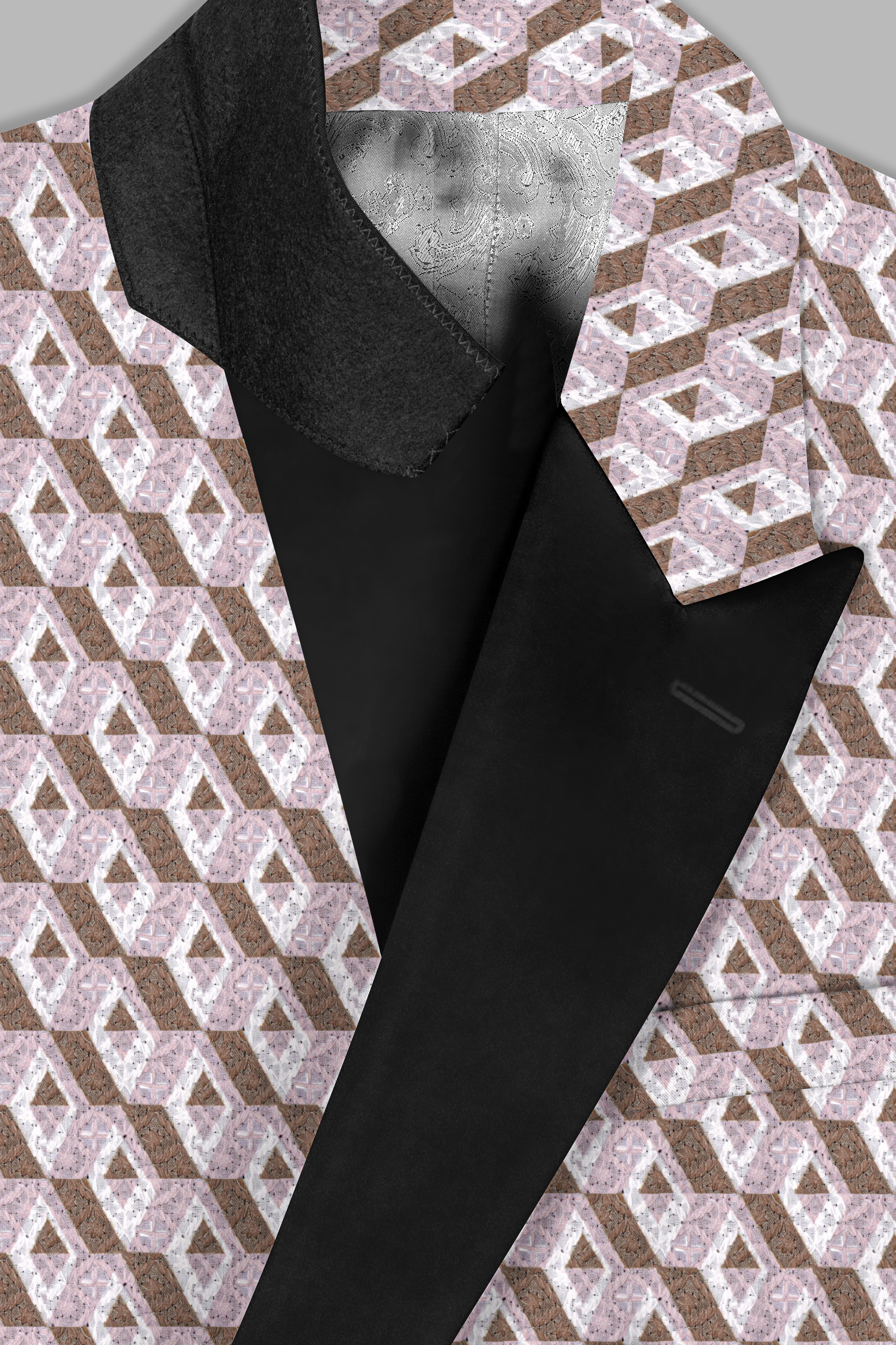 Clam Shell Pink and Roman Coffee Brown 3D Box Quilt Embroidered Peak Lapel Tuxedo Blazer