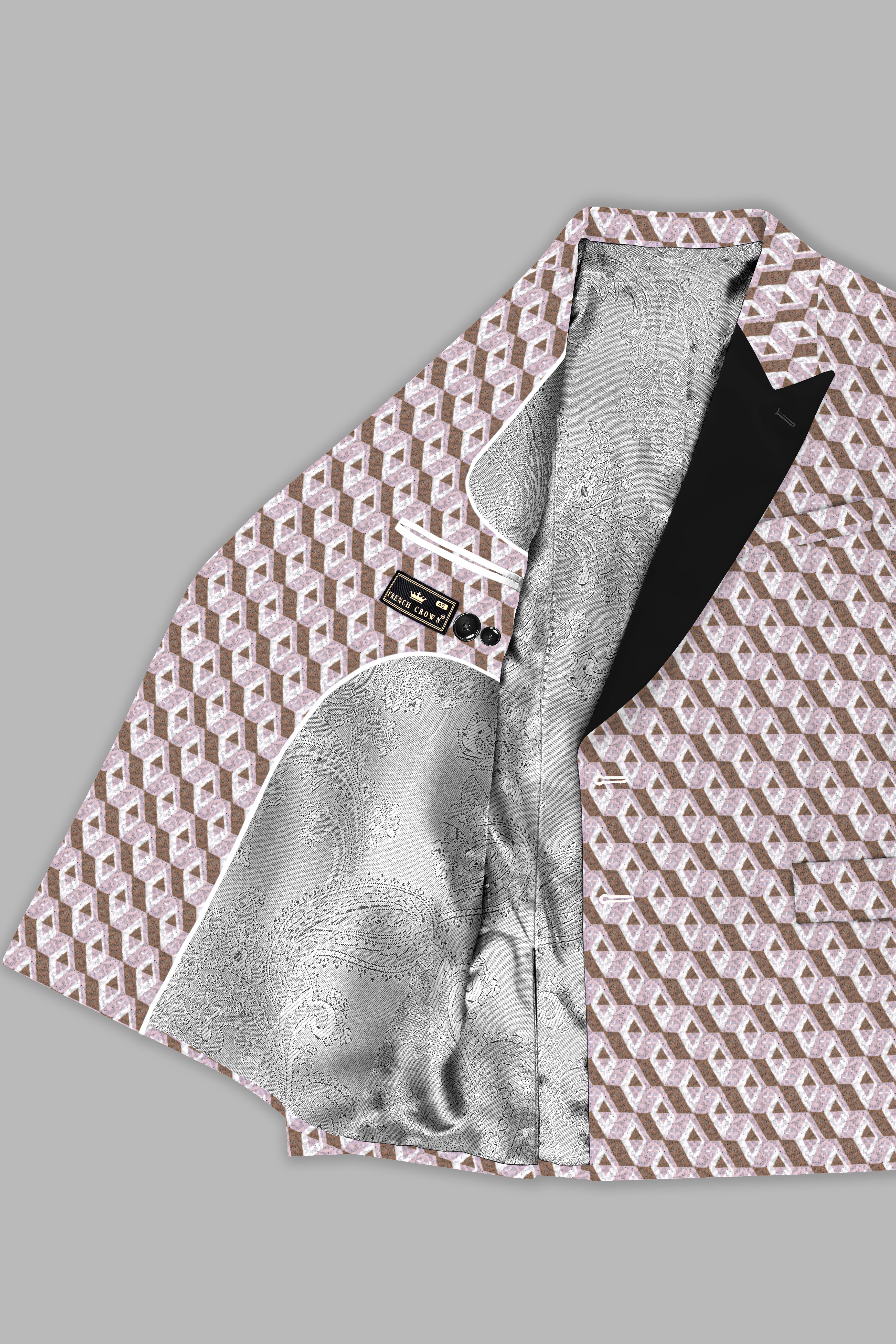 Clam Shell Pink and Roman Coffee Brown 3D Box Quilt Embroidered Peak Lapel Tuxedo Blazer