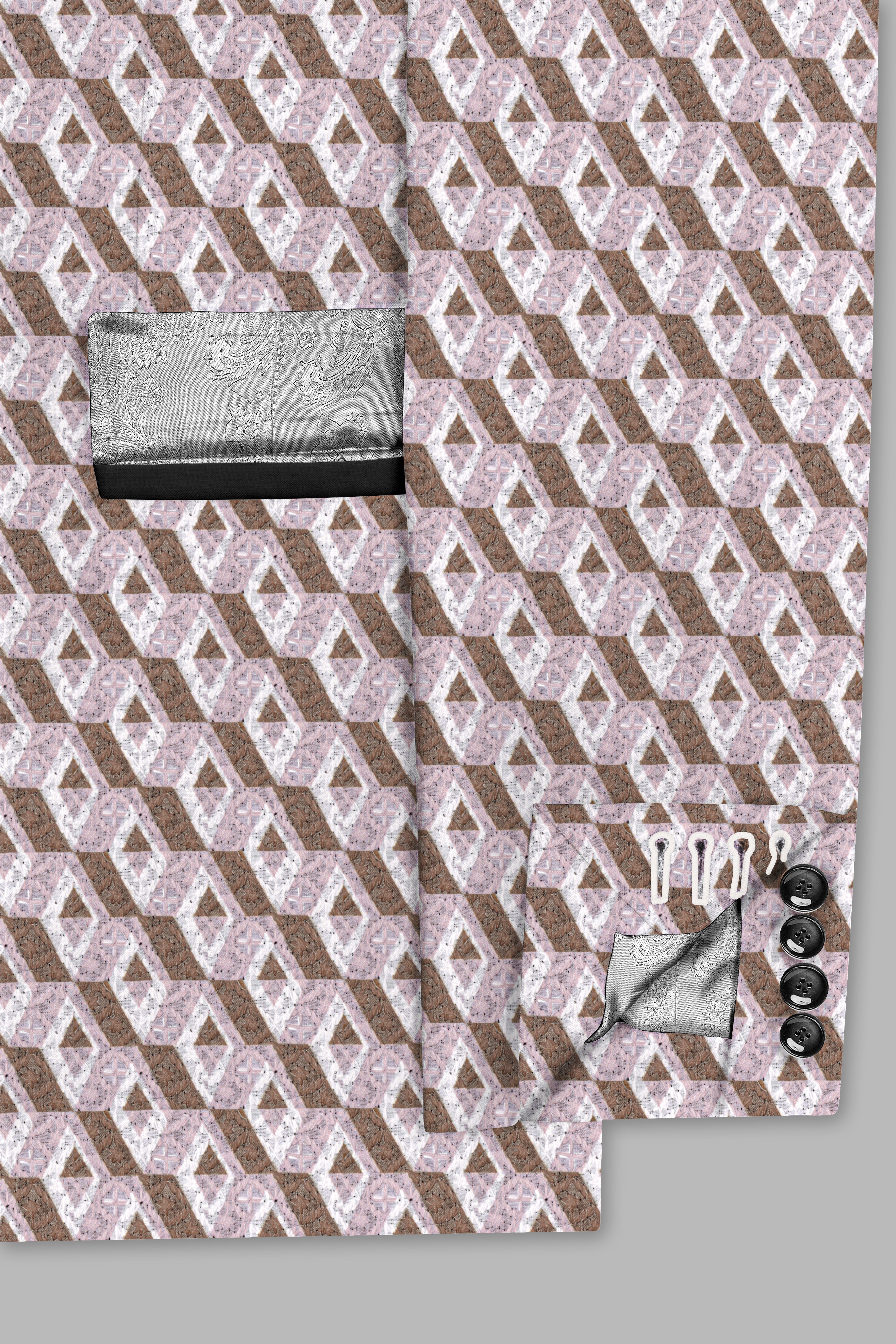 Clam Shell Pink and Roman Coffee Brown 3D Box Quilt Embroidered Peak Lapel Tuxedo Blazer