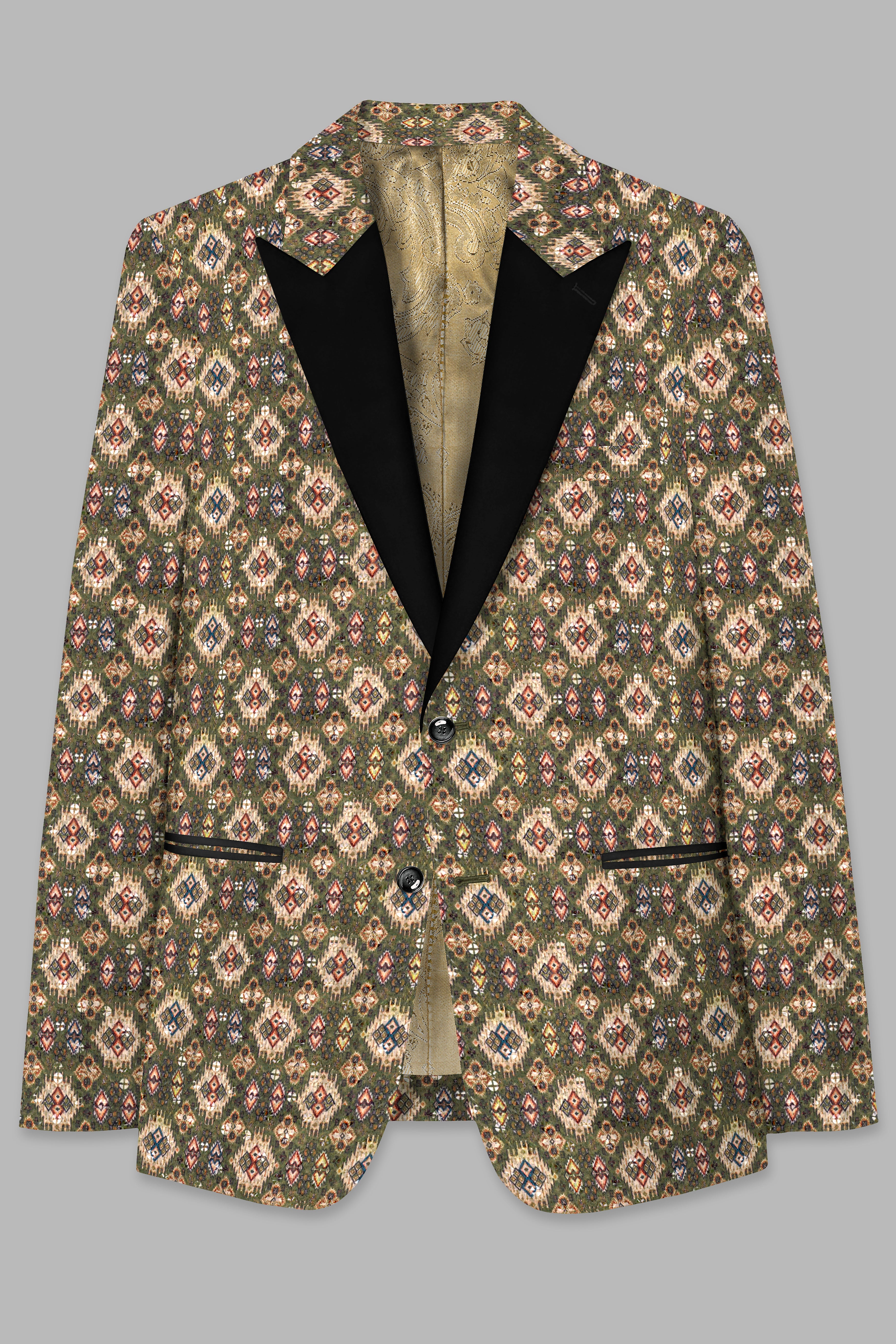 Finch Green and Coffee Brown MultiColour Designer Embroidered Peak Lapel Tuxedo Blazer