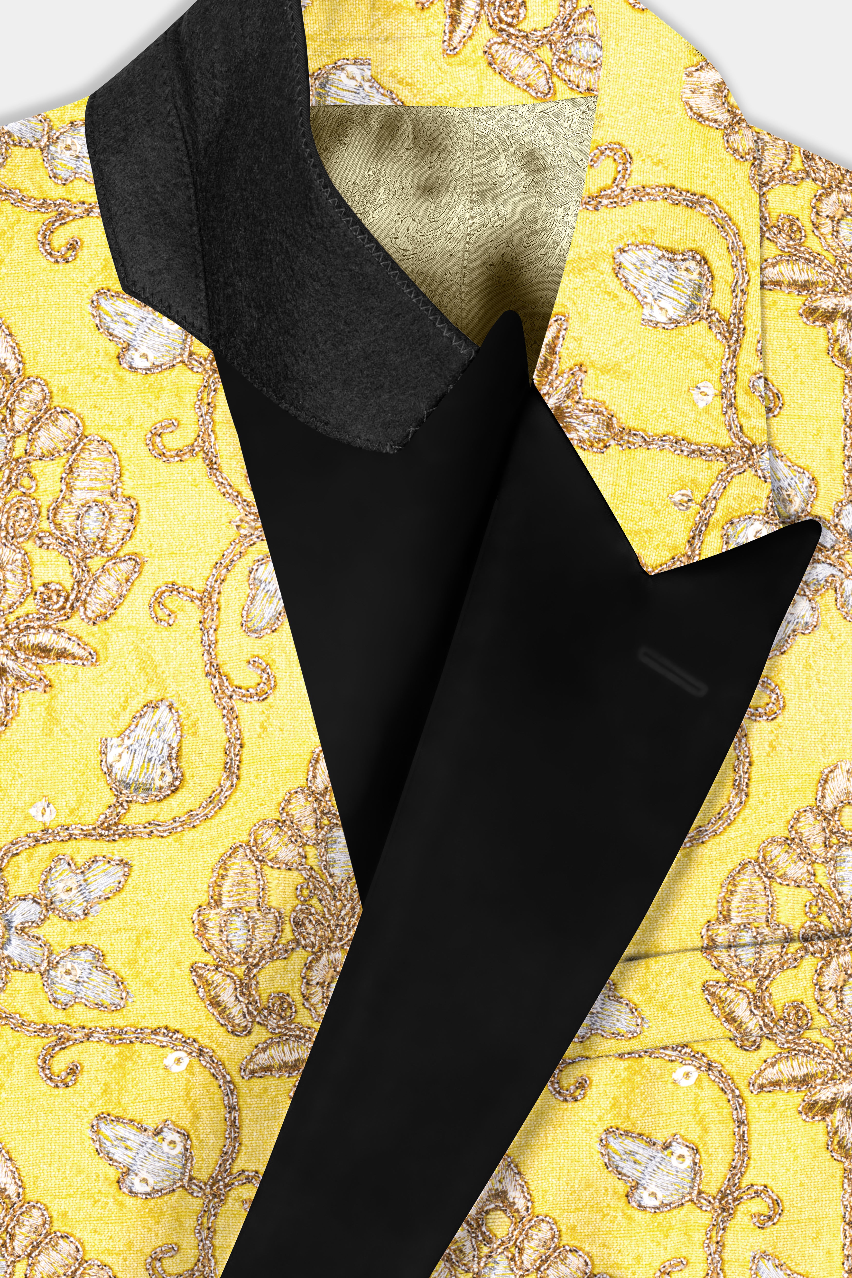 Marigold Yellow And Quicksand Brown Thread Embroidered Peak Lapel Tuxedo Blazer
