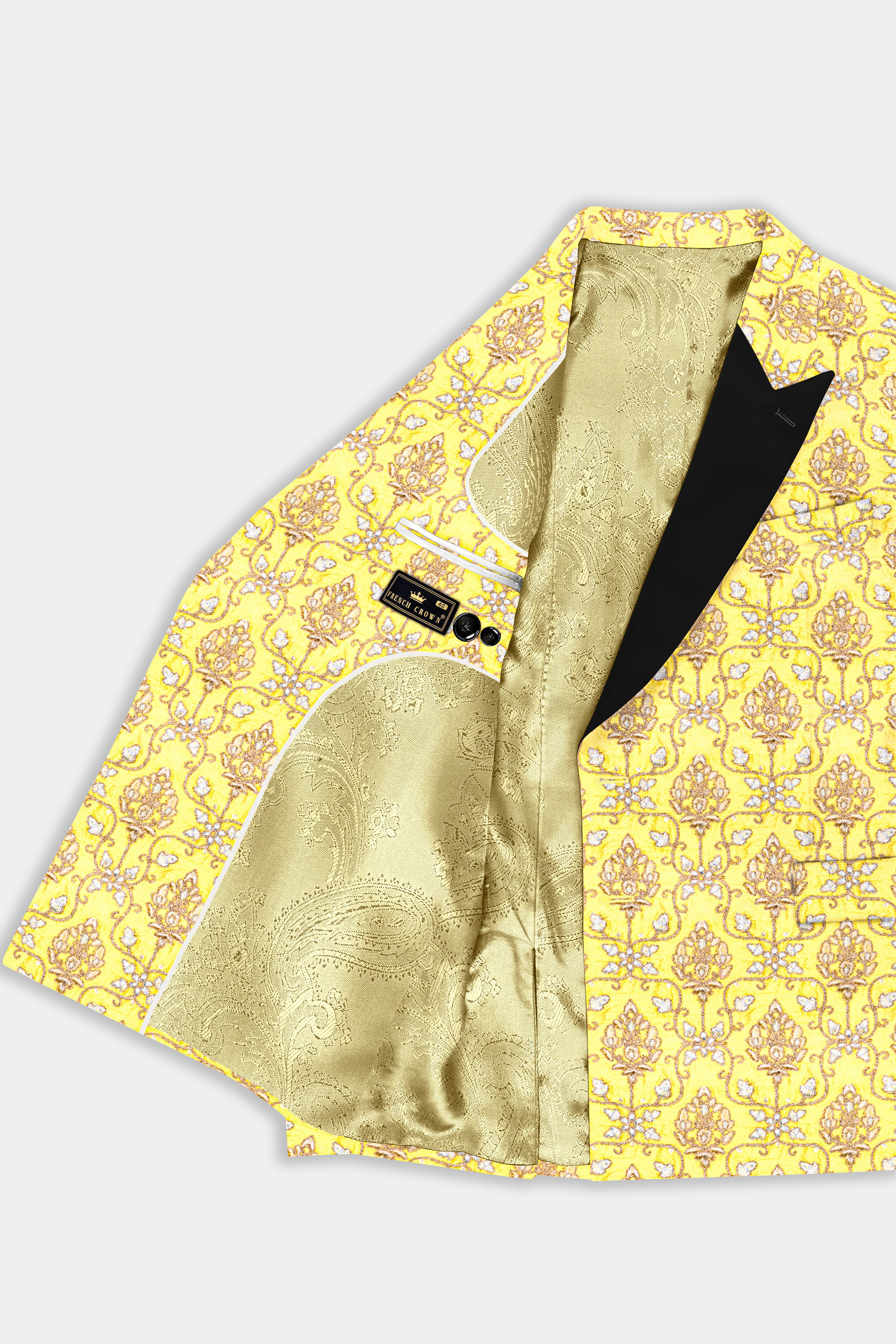 Marigold Yellow And Quicksand Brown Thread Embroidered Peak Lapel Tuxedo Blazer