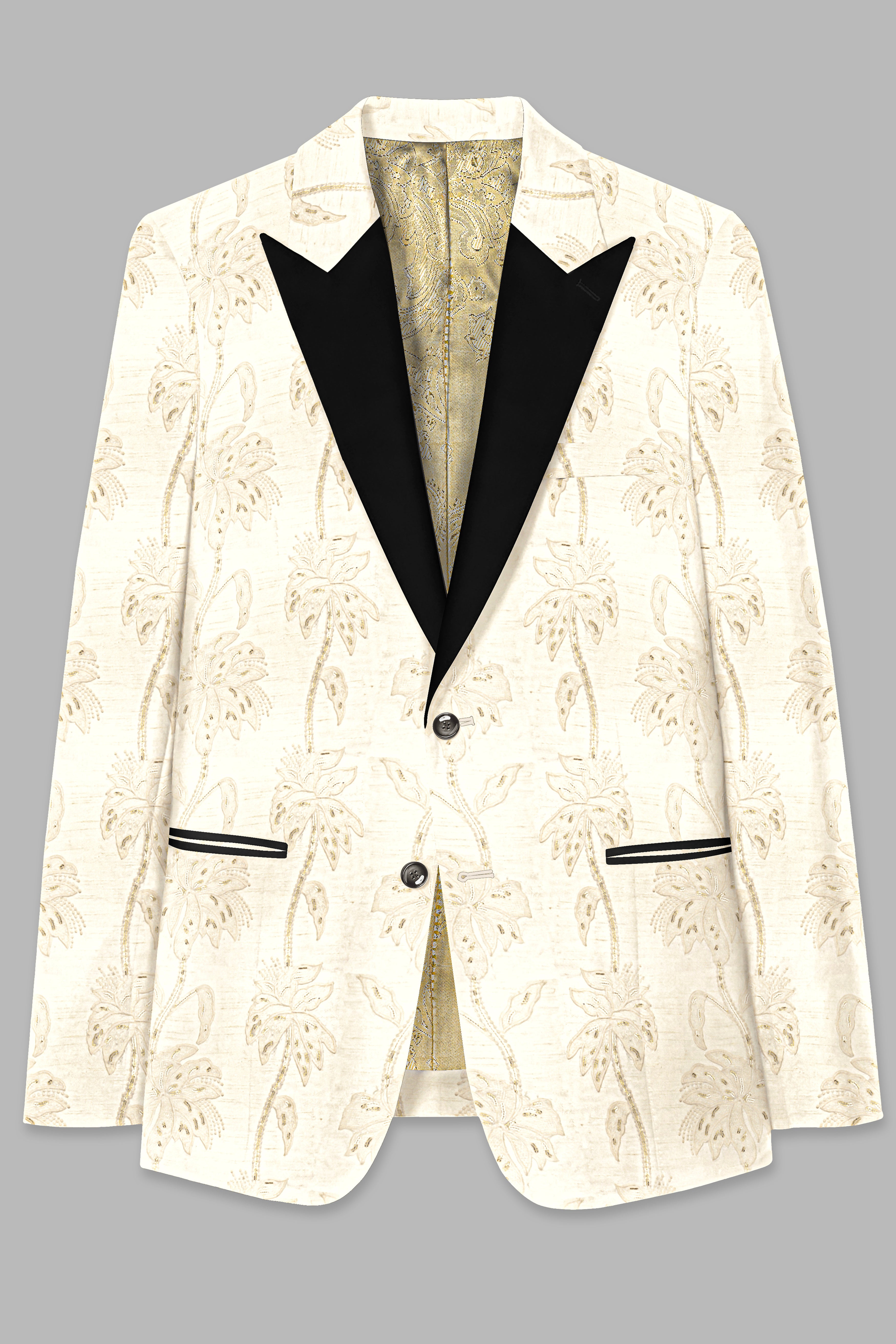 Bright White Designer Sequin And Thread Embroidered Peak Lapel Tuxedo Blazer