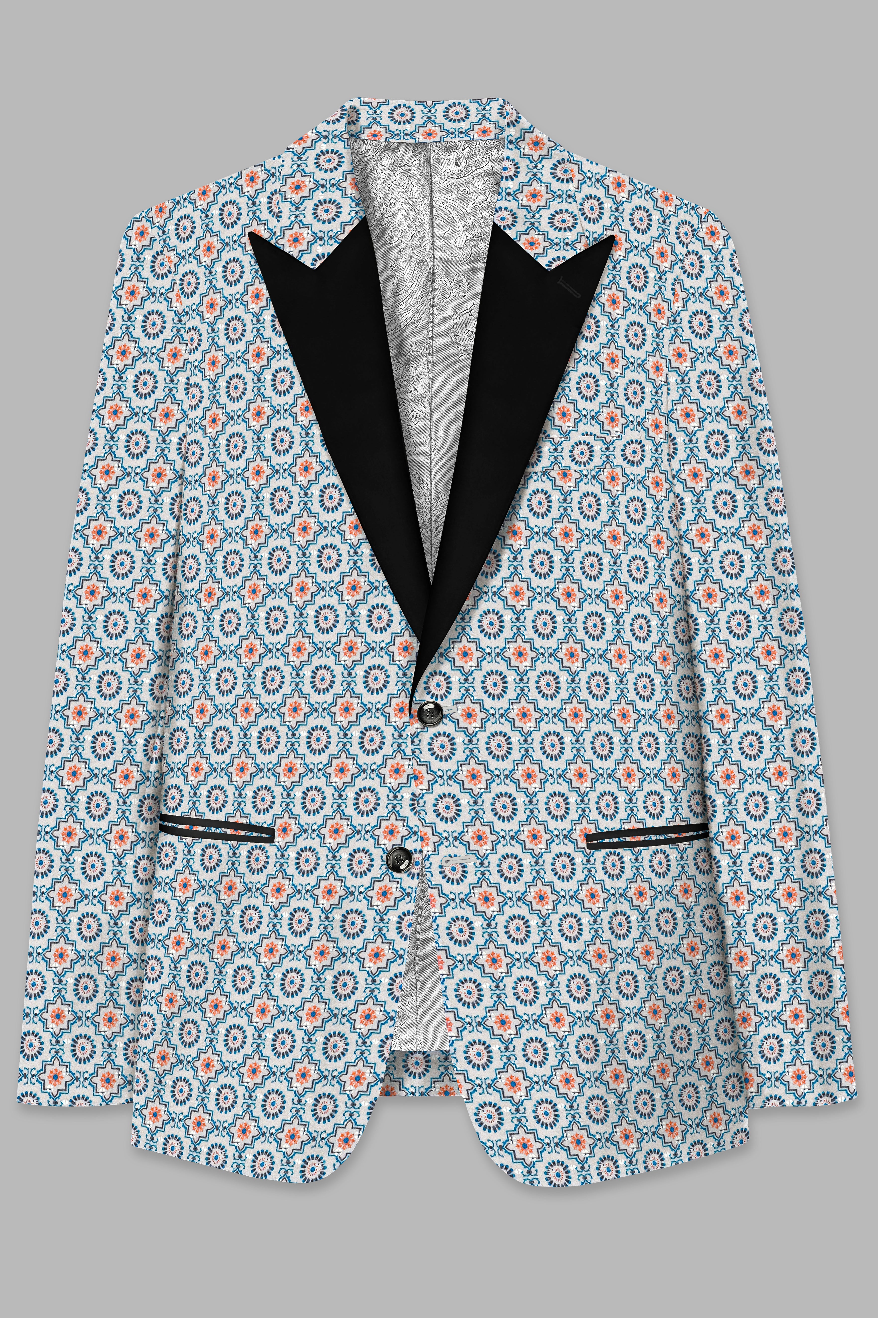 Persian Blue And Crusta Orange hexagon Thread Embroidered Peak Collar Tuxedo Blazer