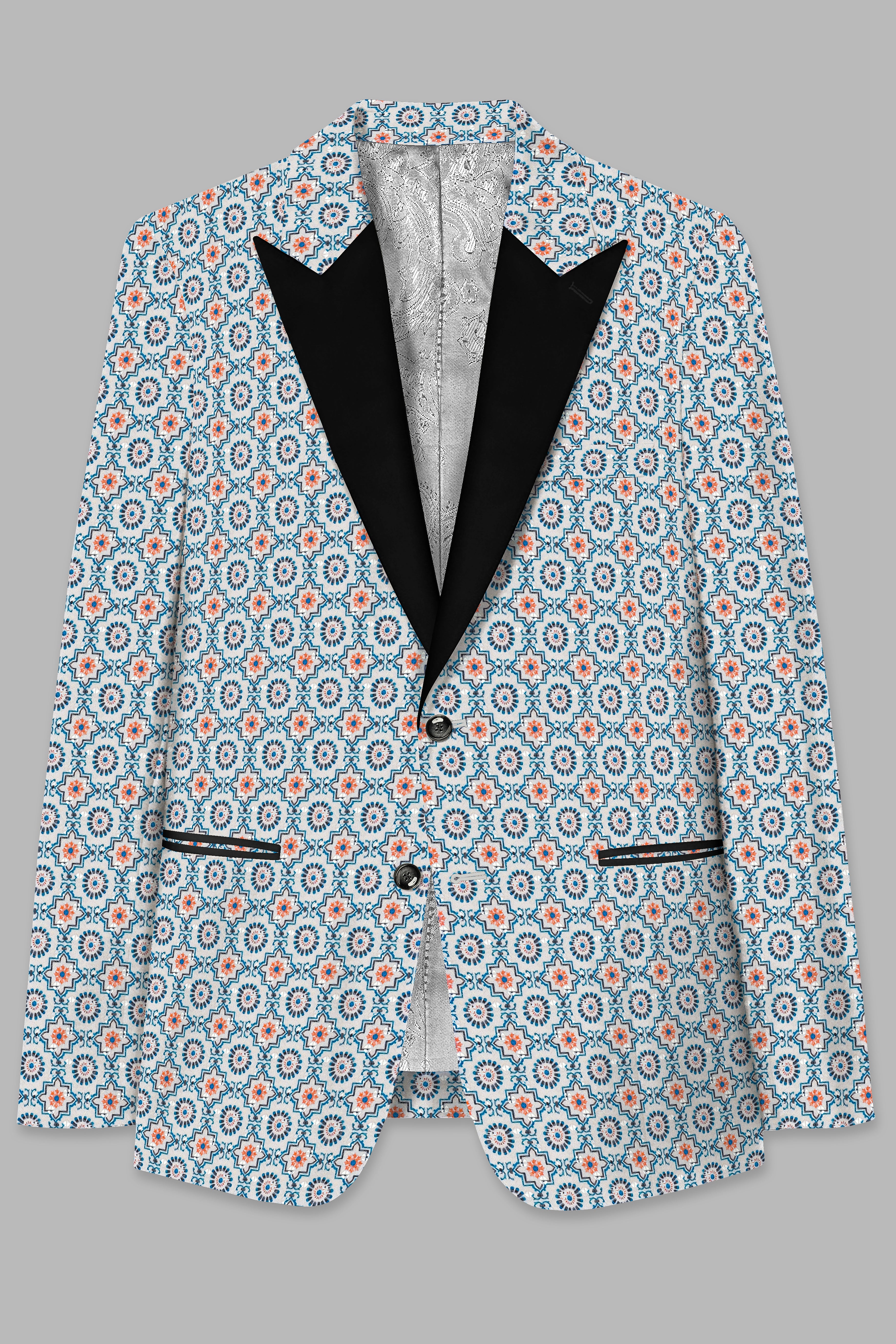 Persian Blue And Crusta Orange hexagon Thread Embroidered Peak Lapel Tuxedo Blazer