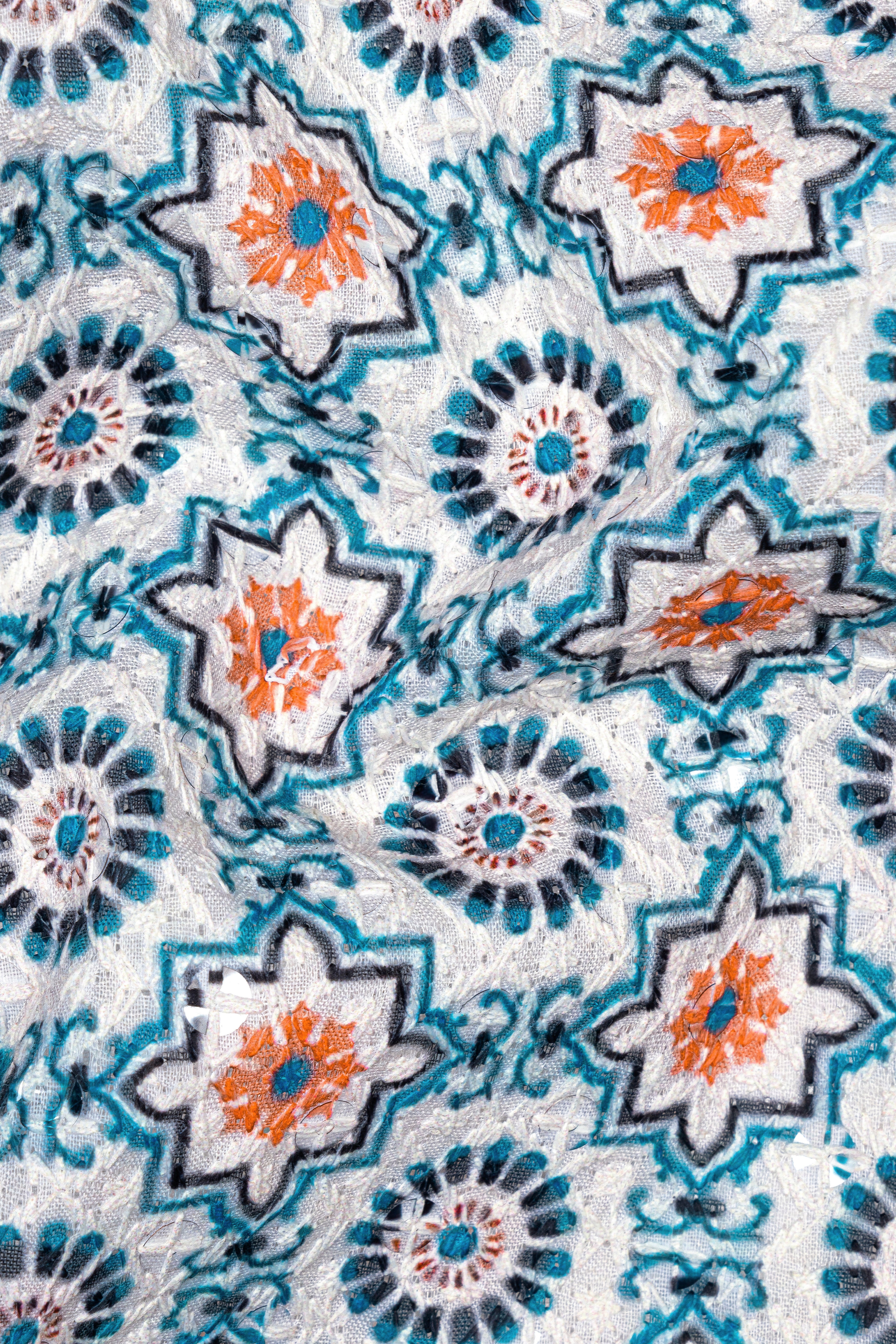 Persian Blue And Crusta Orange hexagon Thread Embroidered Peak Lapel Tuxedo Blazer