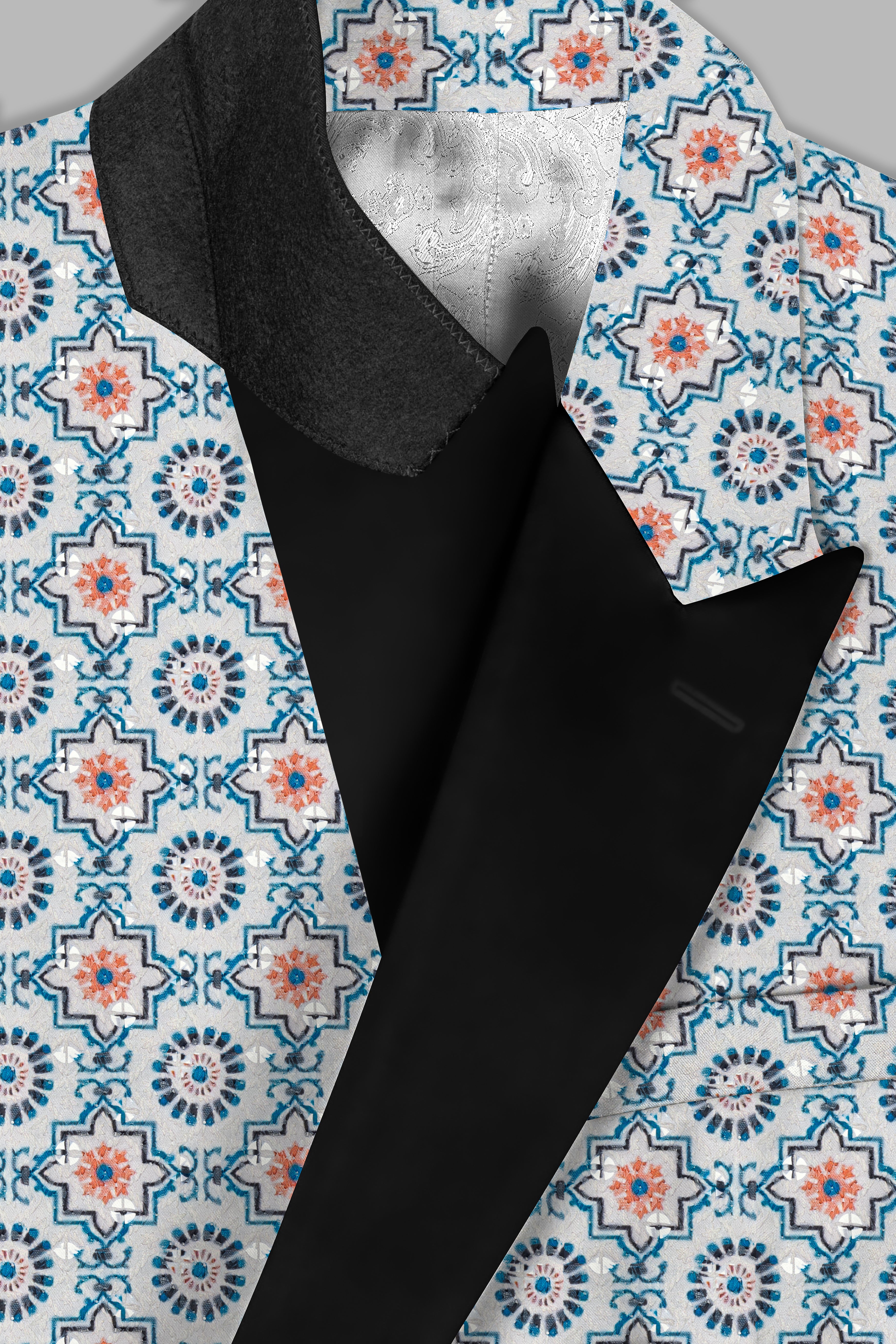 Persian Blue And Crusta Orange hexagon Thread Embroidered Peak Lapel Tuxedo Blazer