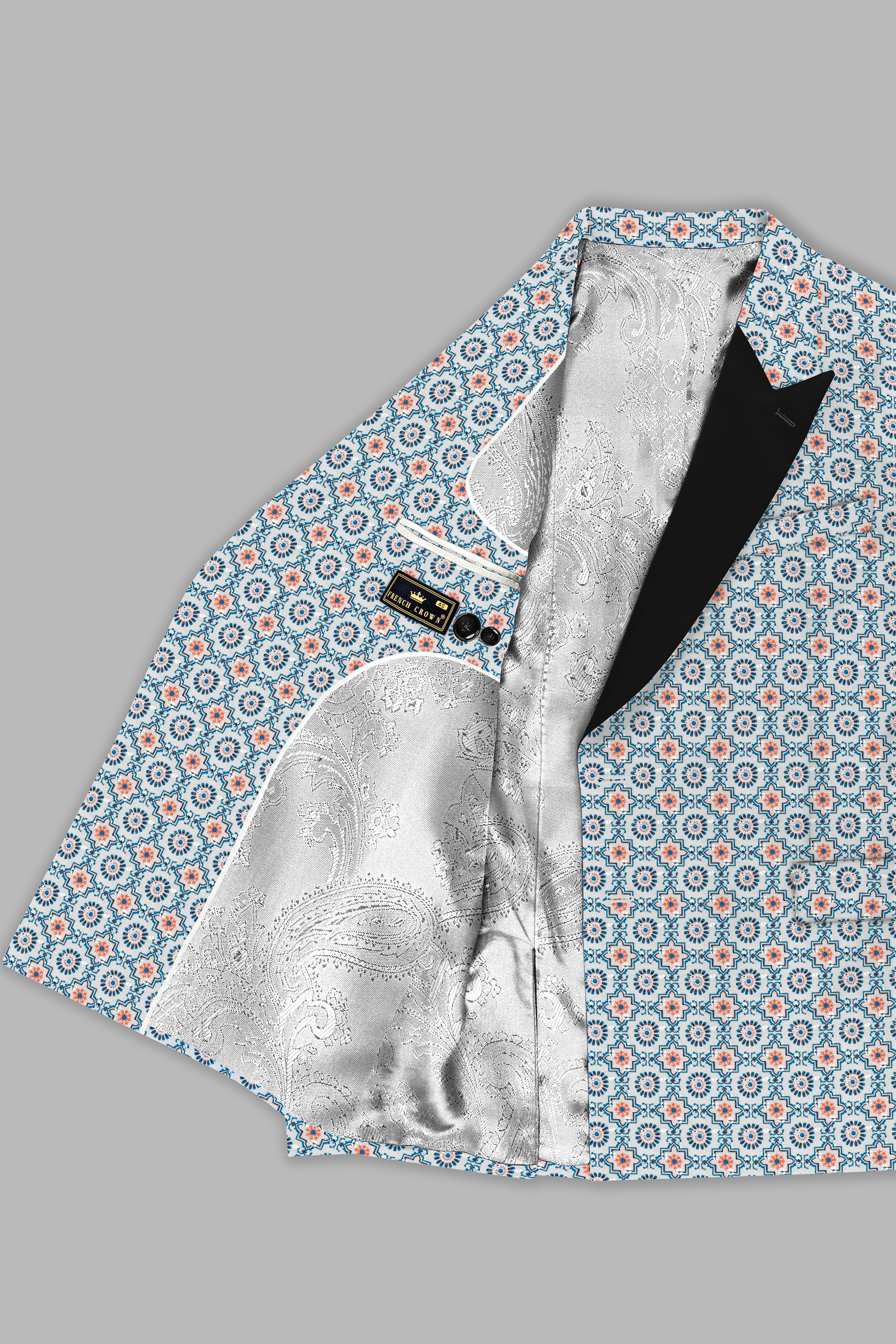 Persian Blue And Crusta Orange hexagon Thread Embroidered Peak Lapel Tuxedo Blazer