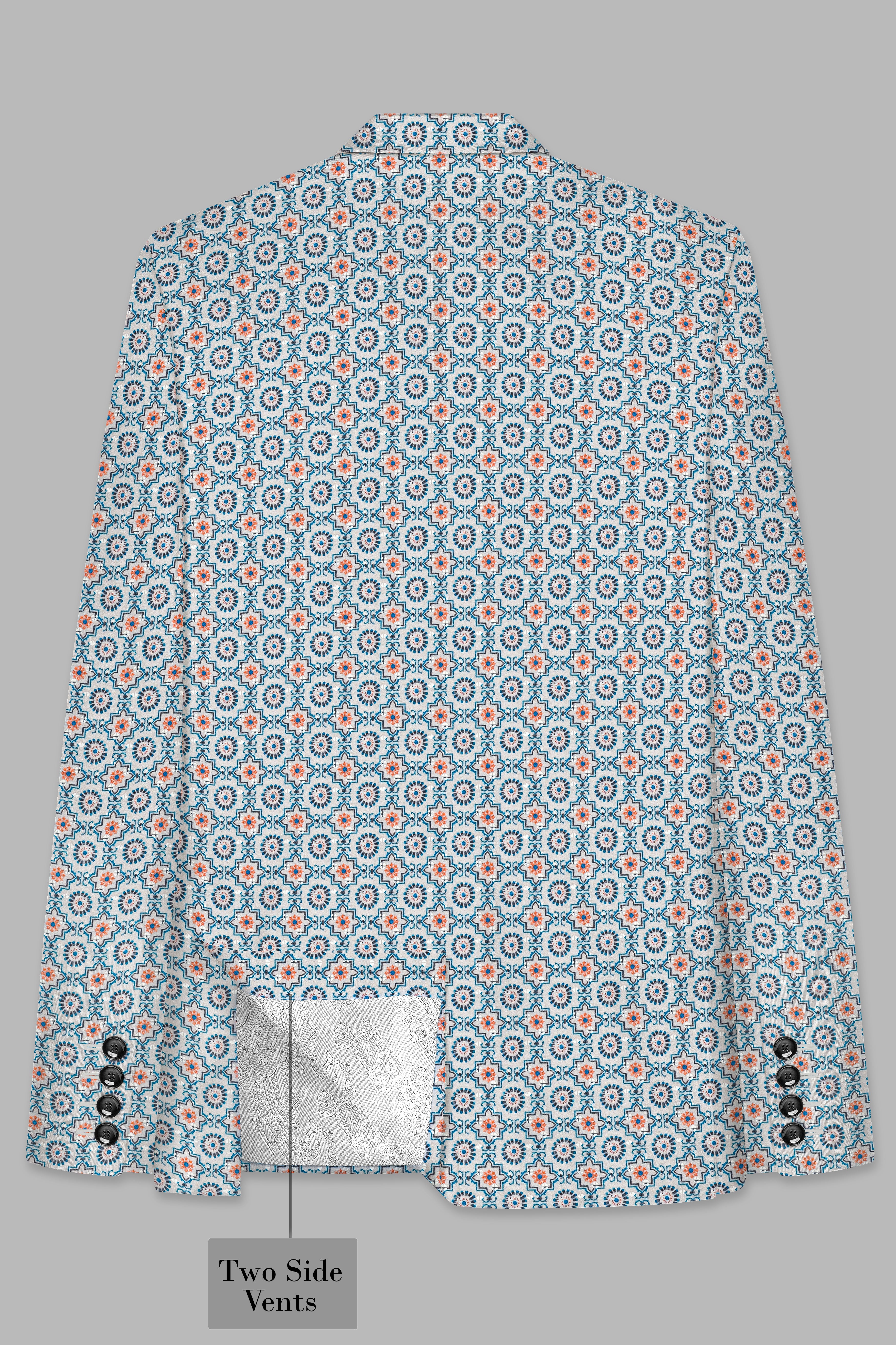 Persian Blue And Crusta Orange hexagon Thread Embroidered Peak Lapel Tuxedo Blazer