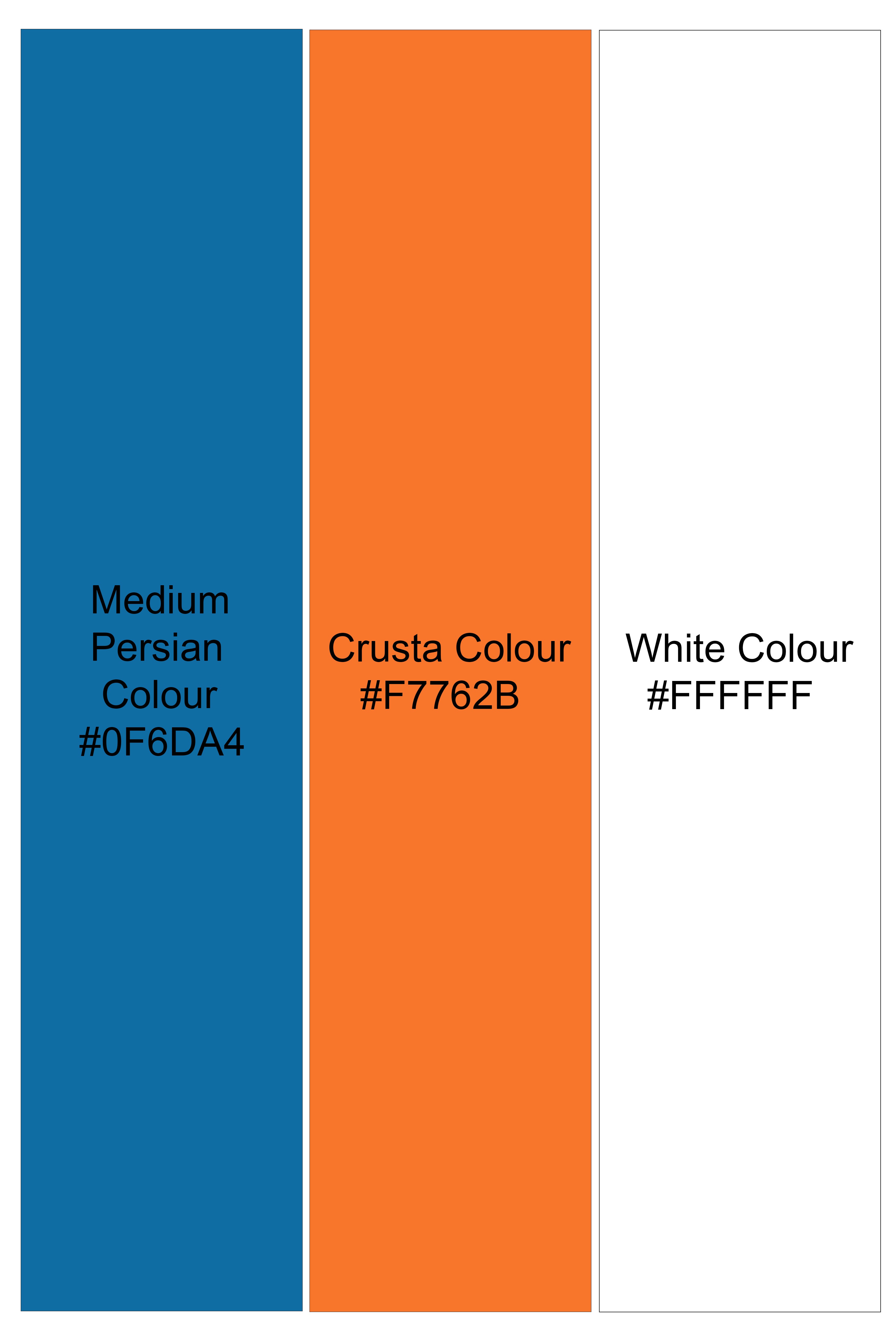 Persian Blue And Crusta Orange hexagon Thread Embroidered Peak Lapel Tuxedo Blazer
