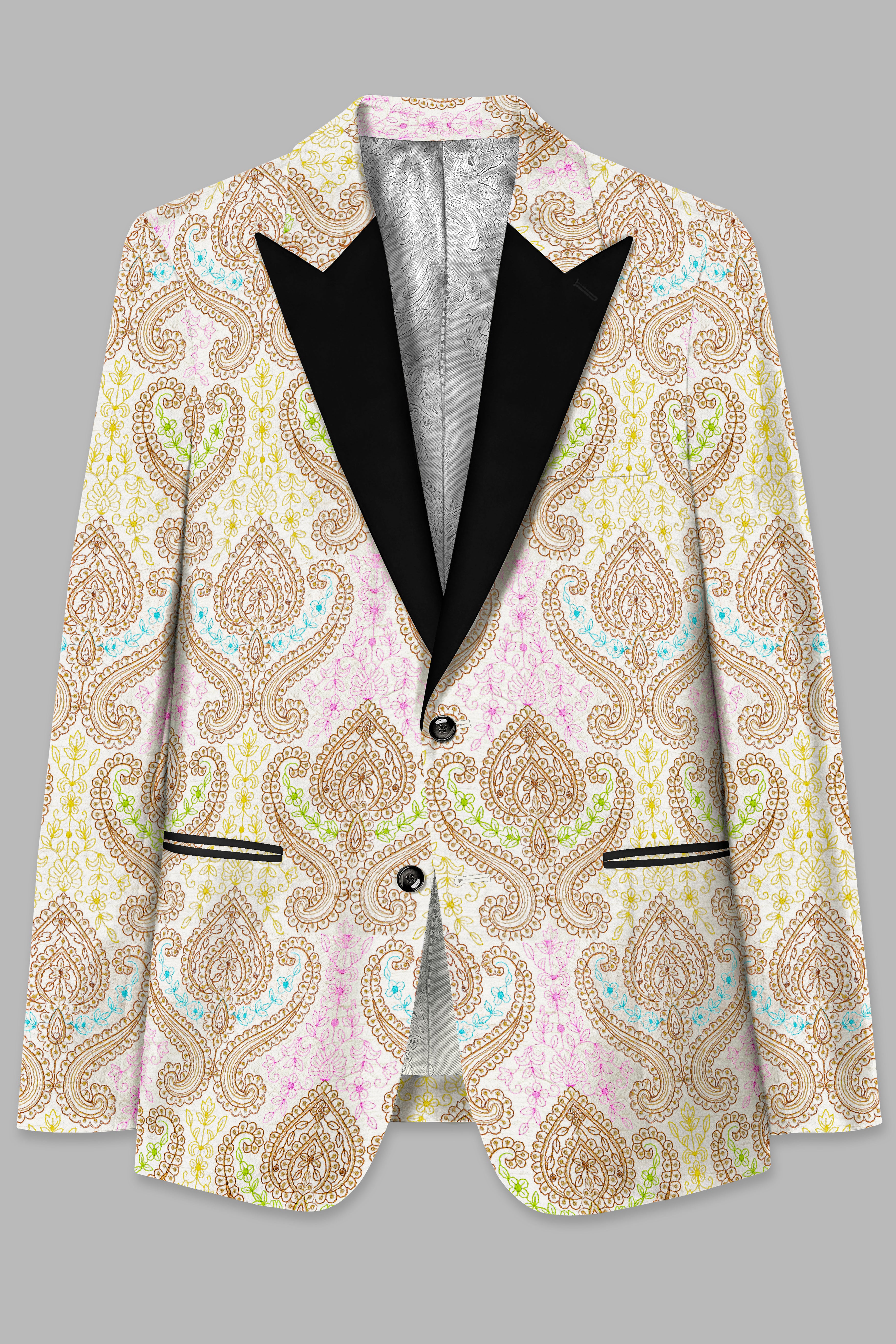 Neon Fuchsia Pink And Starship Yellow MultiColour Embroidered Peak Lapel Tuxedo Blazer