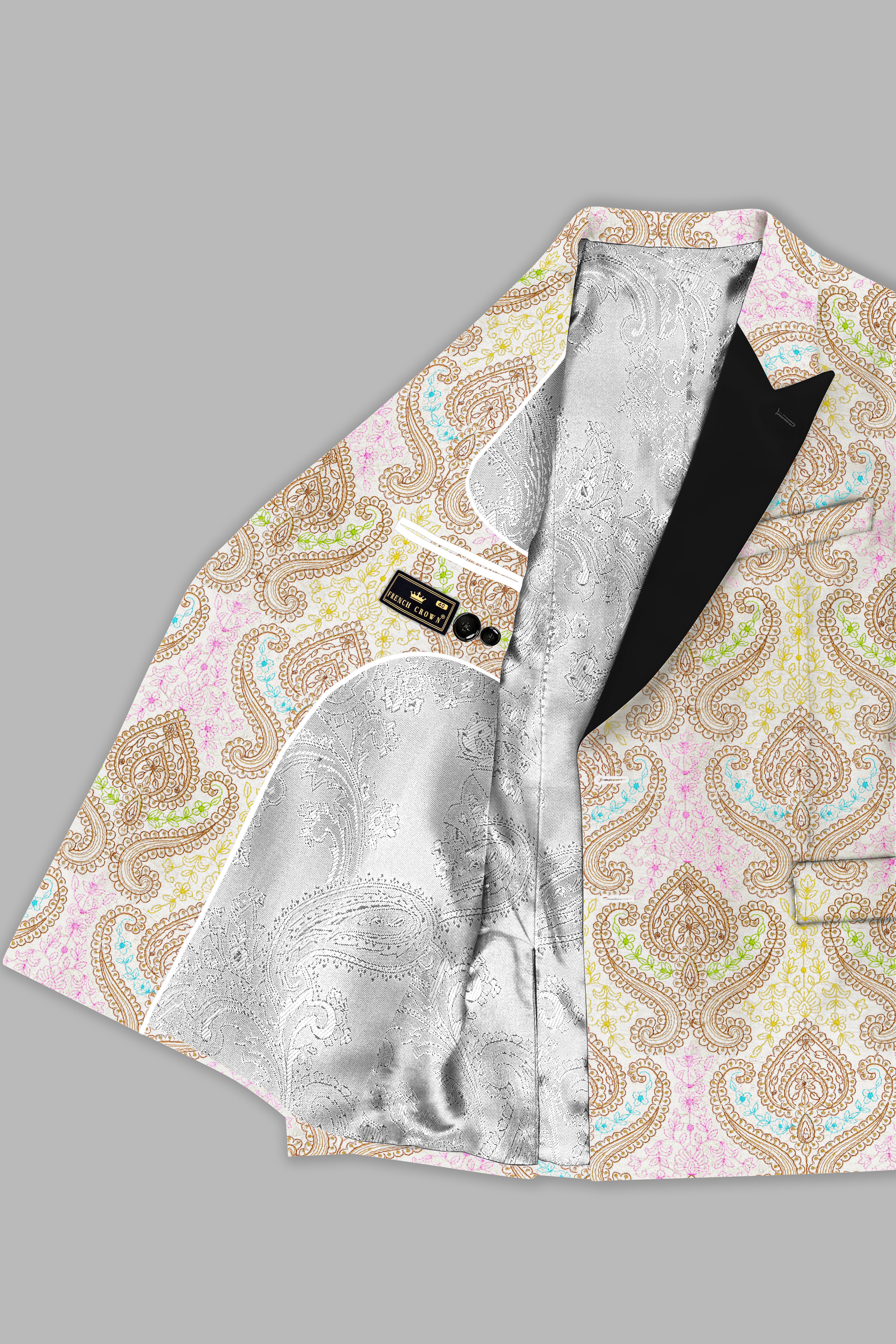 Neon Fuchsia Pink And Starship Yellow MultiColour Embroidered Peak Lapel Tuxedo Blazer