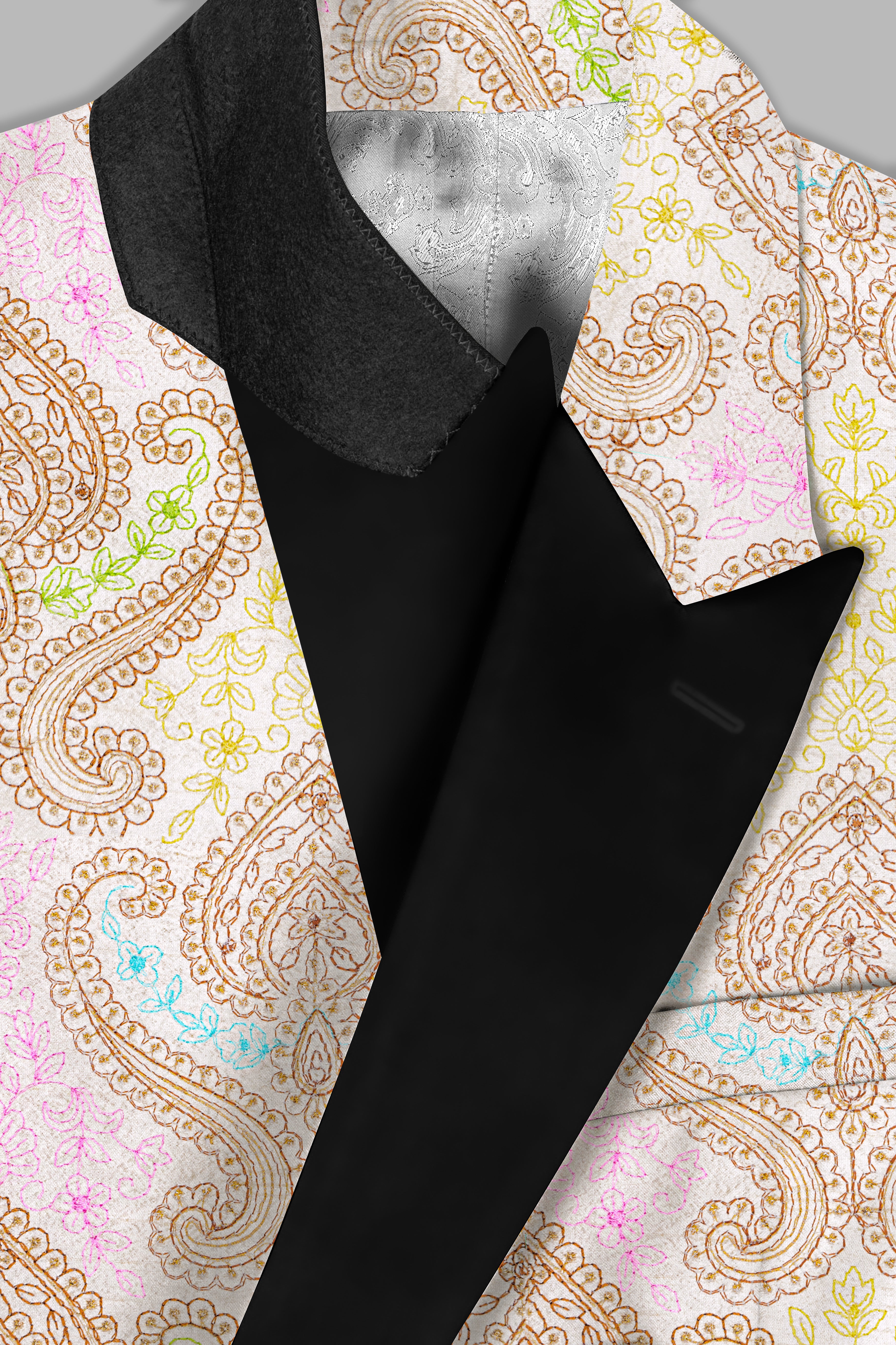 Neon Fuchsia Pink And Starship Yellow MultiColour Embroidered Peak Lapel Tuxedo Blazer