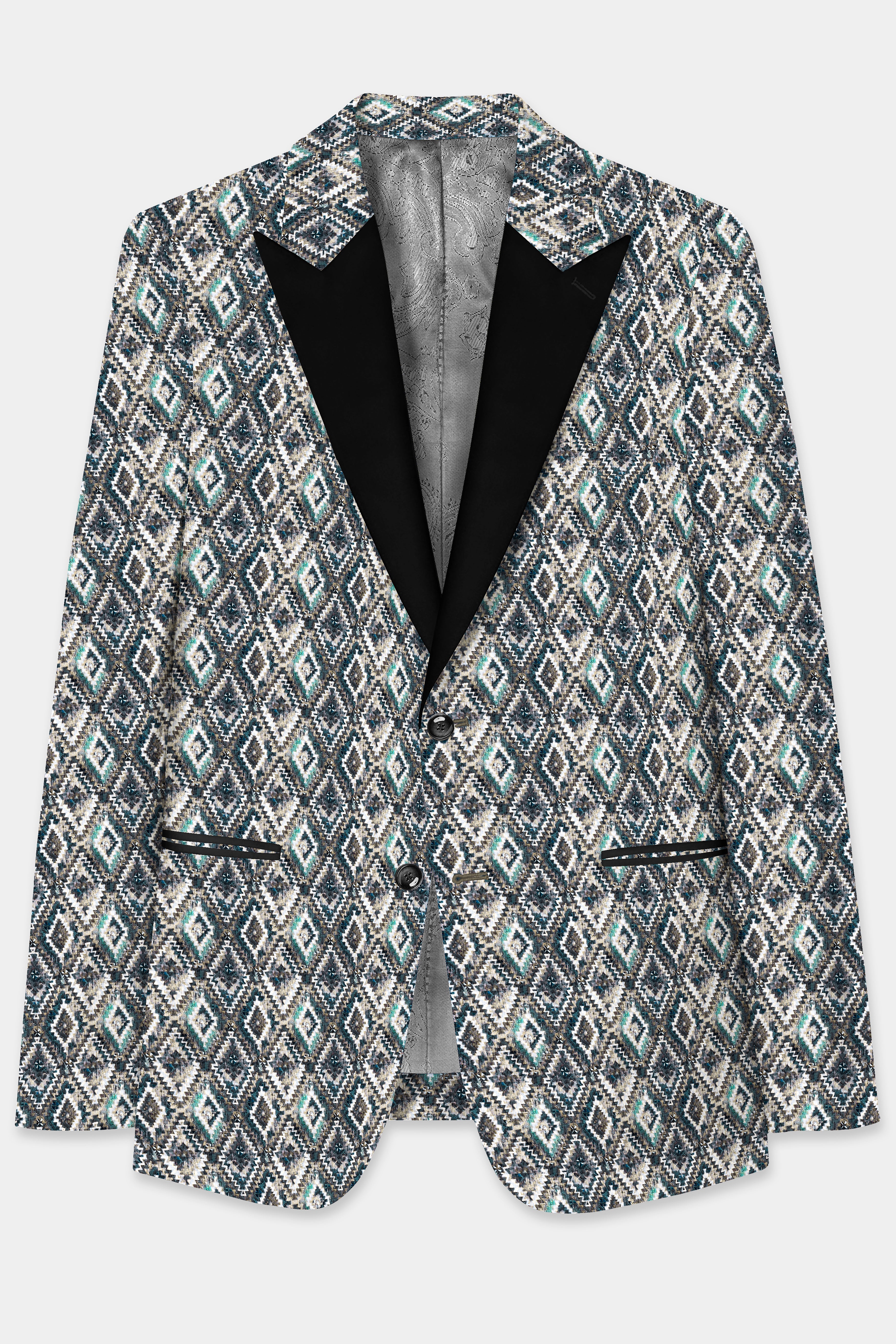 Abbey Gray And Outer Space Blue Designer Embroidered Peak Collar Tuxedo Blazer
