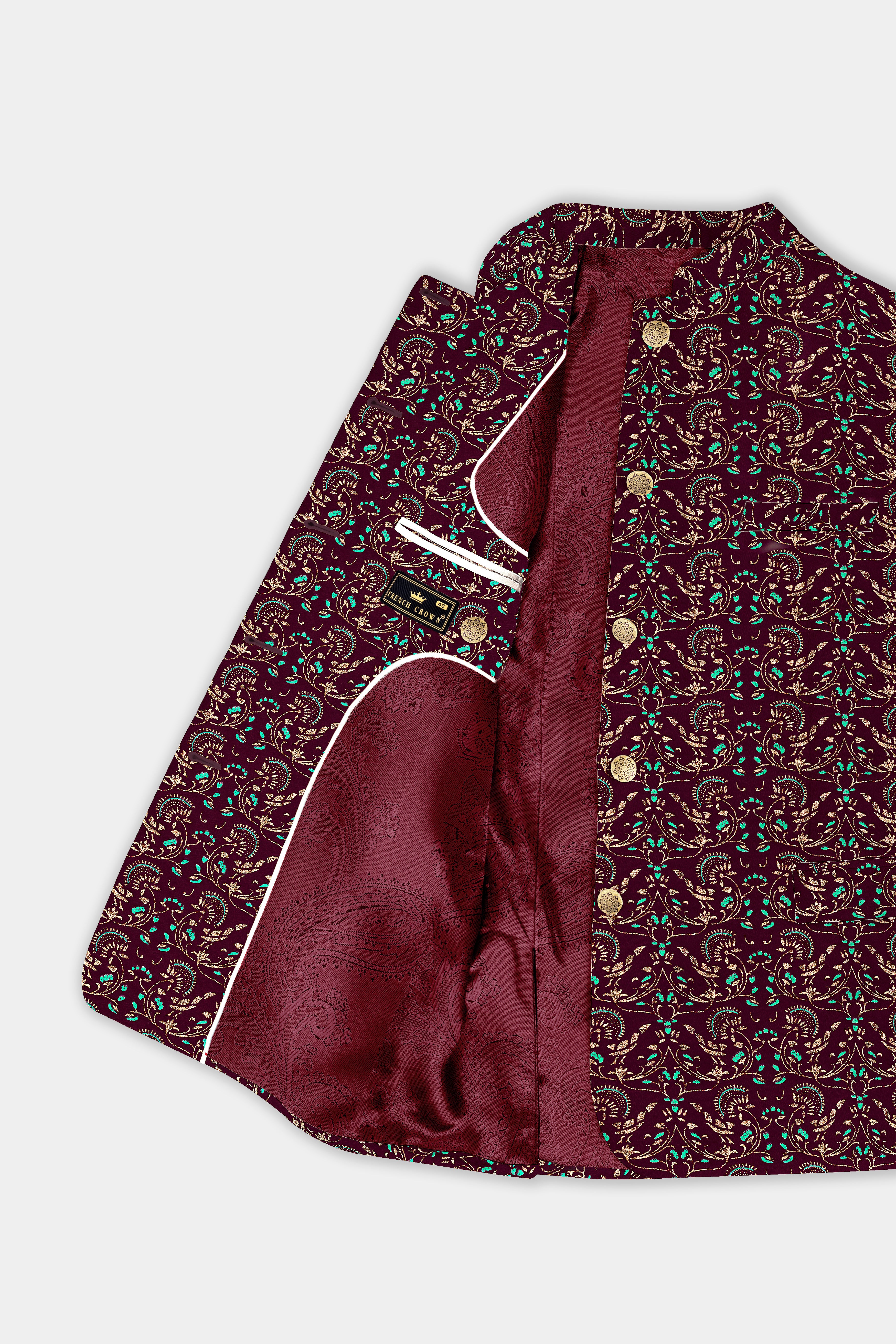 Ecilpse Maroon And Fountain Blue Velvet Printed Designer Bandhgala Jodhpuri