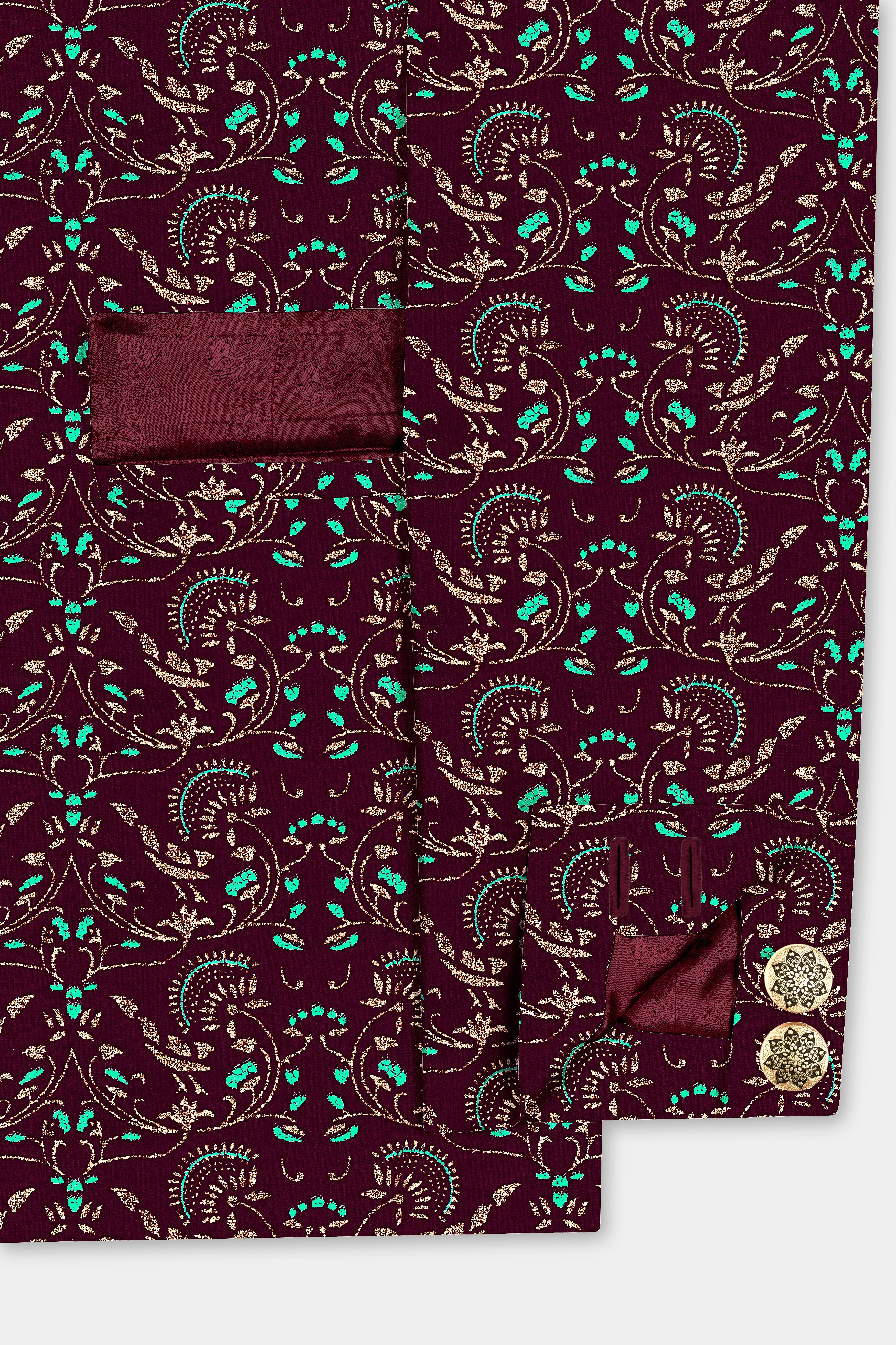 Ecilpse Maroon And Fountain Blue Velvet Printed Designer Bandhgala Jodhpuri