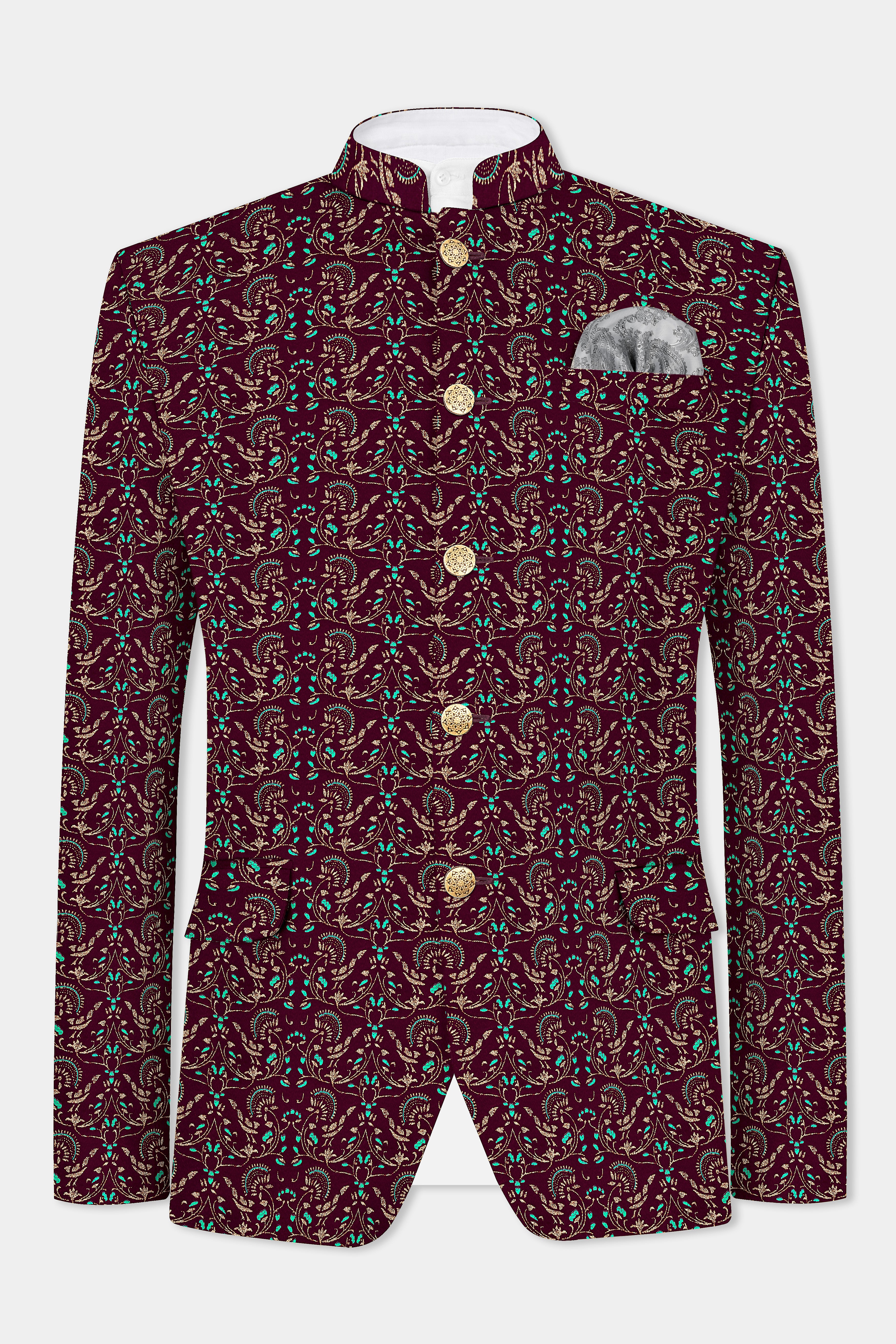 Ecilpse Maroon And Fountain Blue Velvet Printed Designer Bandhgala Jodhpuri