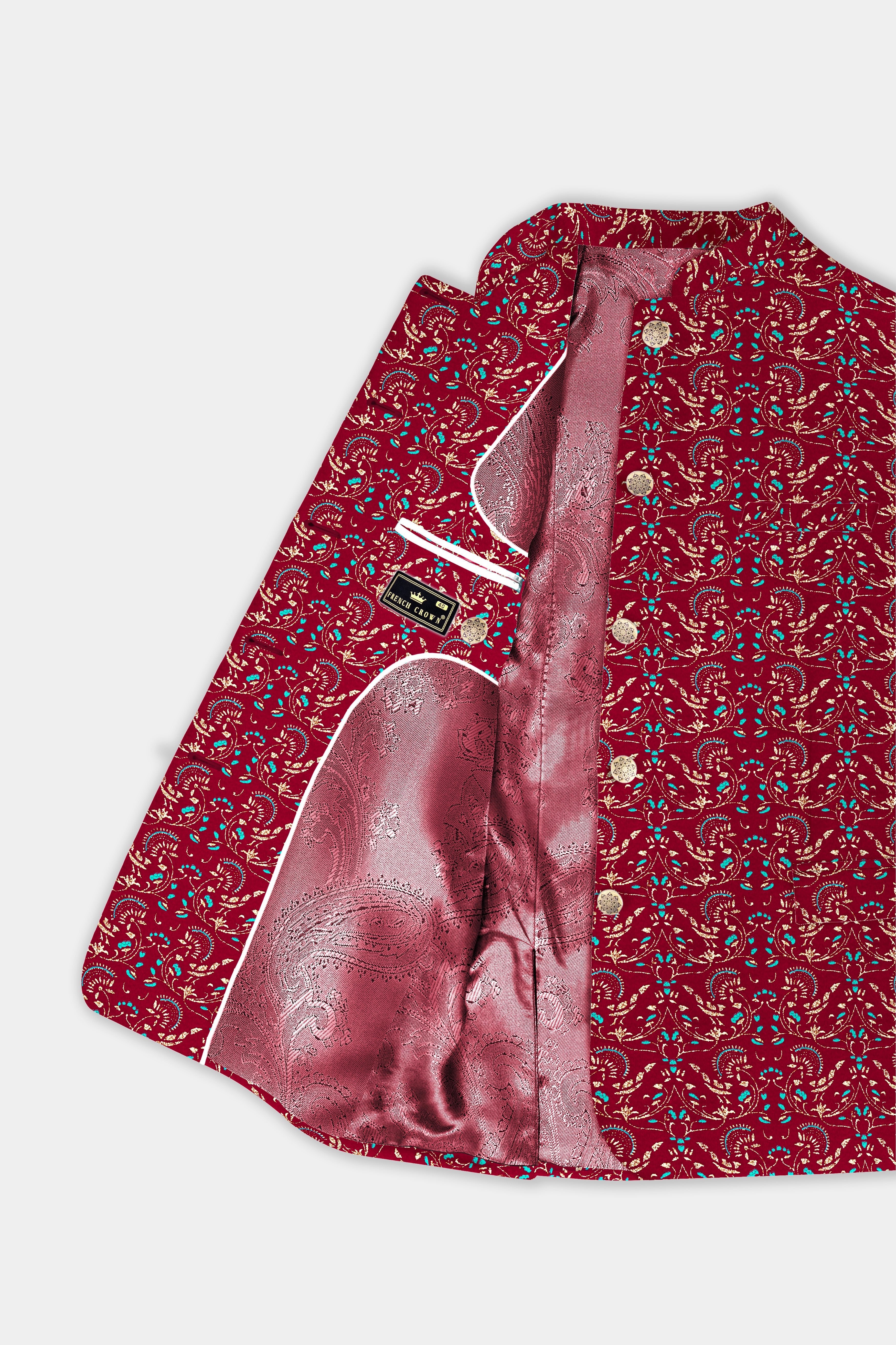Claret Red And Aqua Marine Blue Velvet Printed Designer Bandhgala Jodhpuri