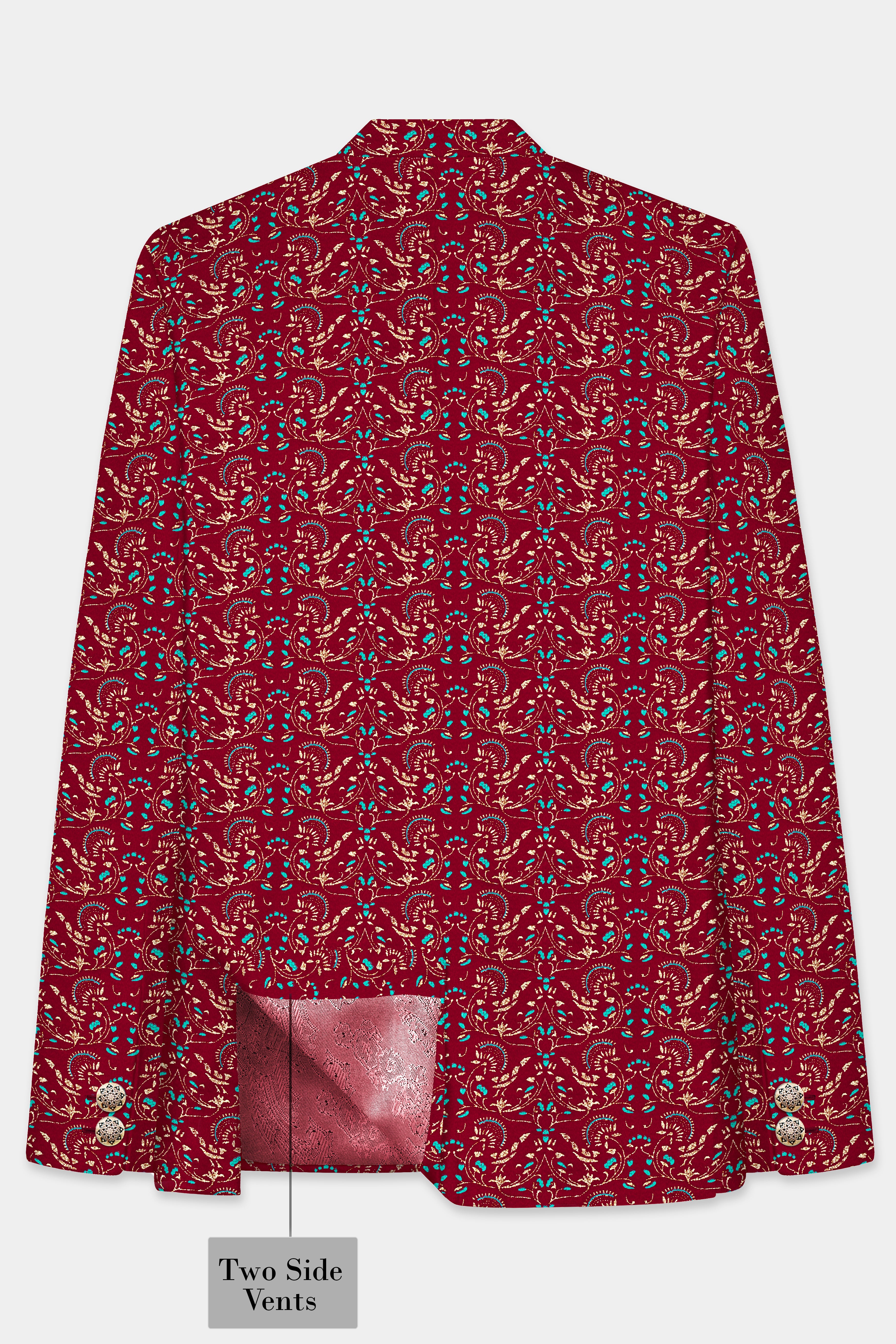 Claret Red And Aqua Marine Blue Velvet Printed Designer Bandhgala Jodhpuri
