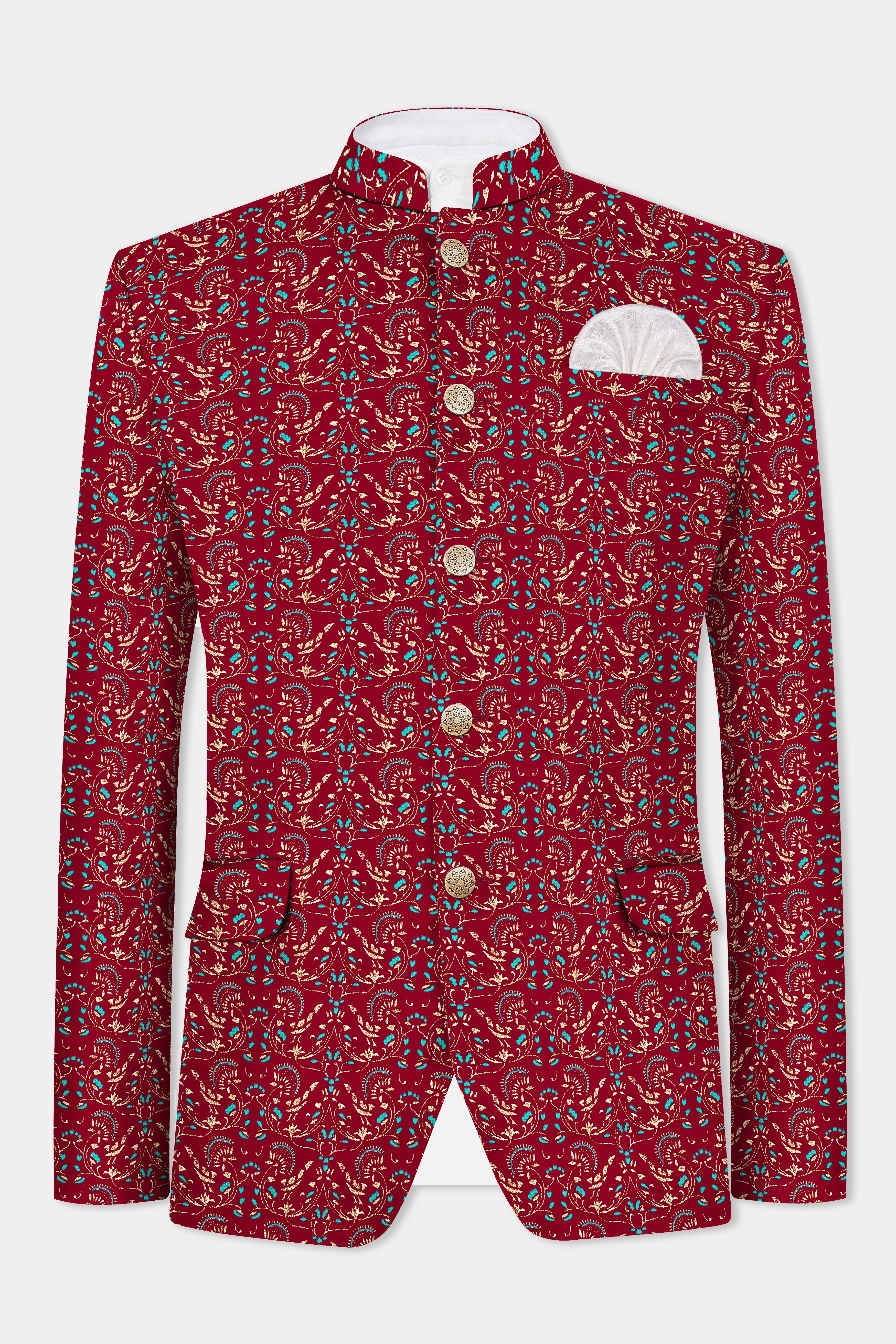 Claret Red And Aqua Marine Blue Velvet Printed Designer Bandhgala Jodhpuri