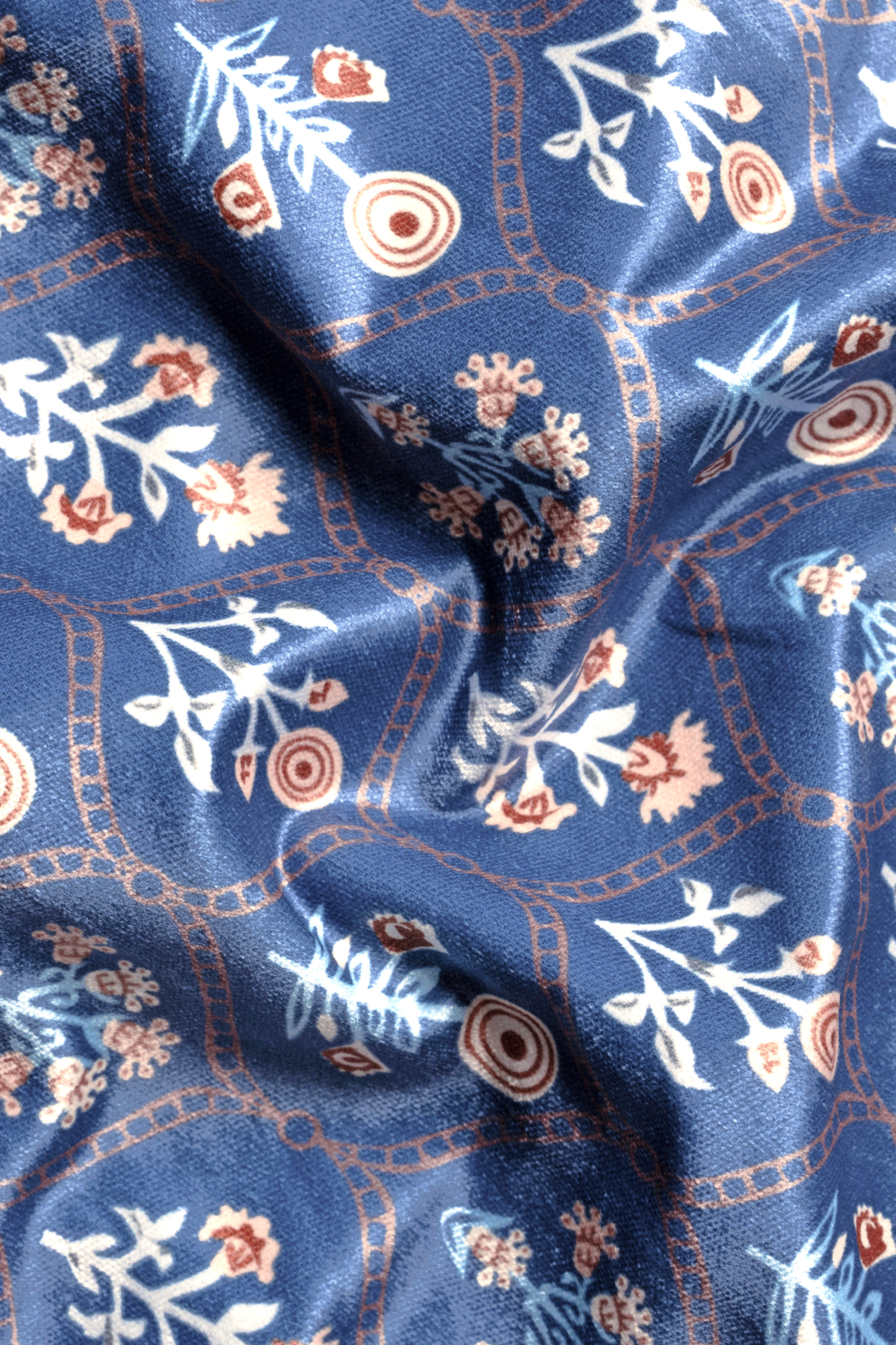 Tealish Blue And Peach Velvet Designer Printed Bandhgala Jodhpuri