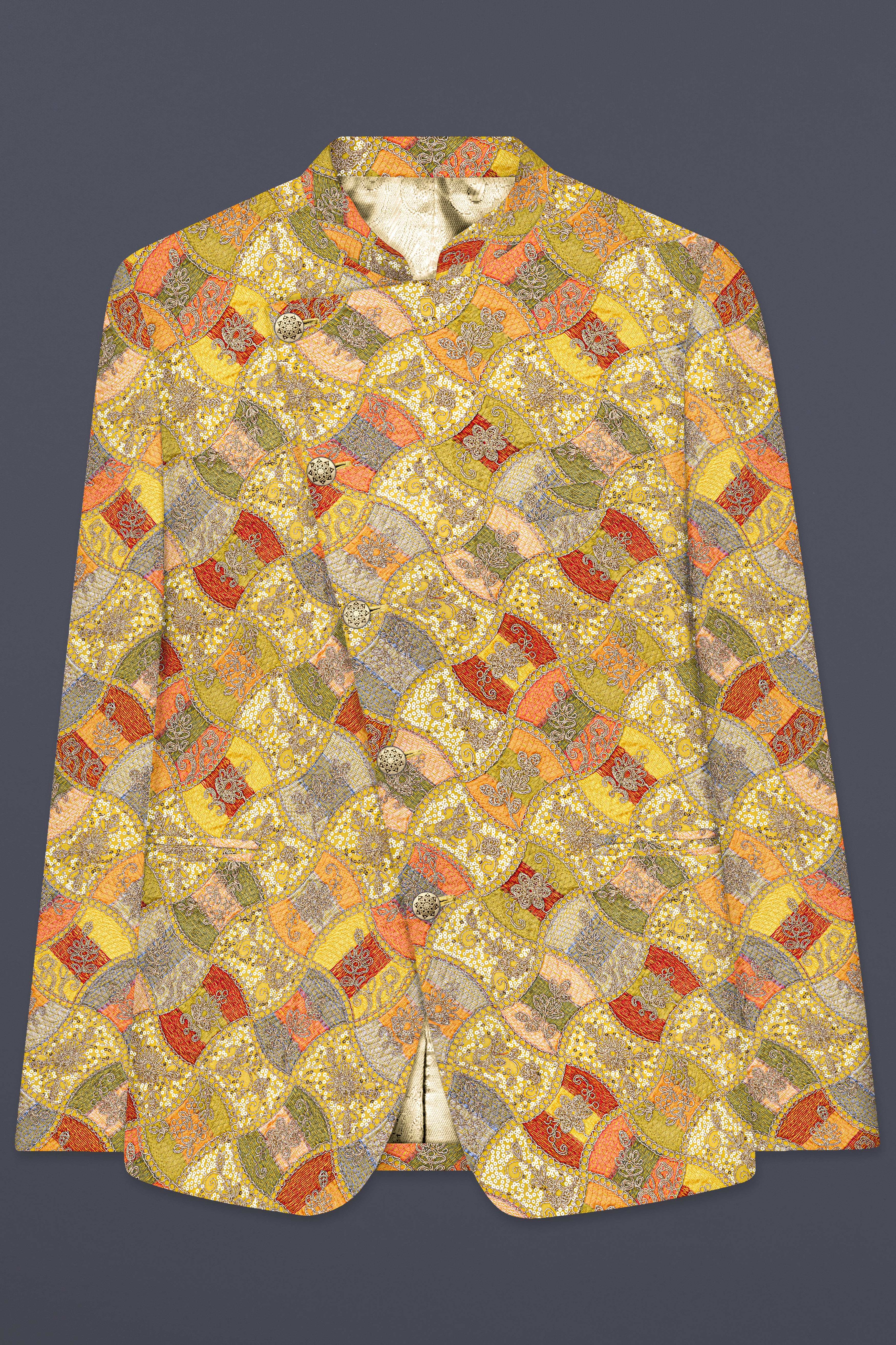 Leamon Yellow and Multicolor Embroidery Printed Cross Placket Bandhgala Jodhpuri