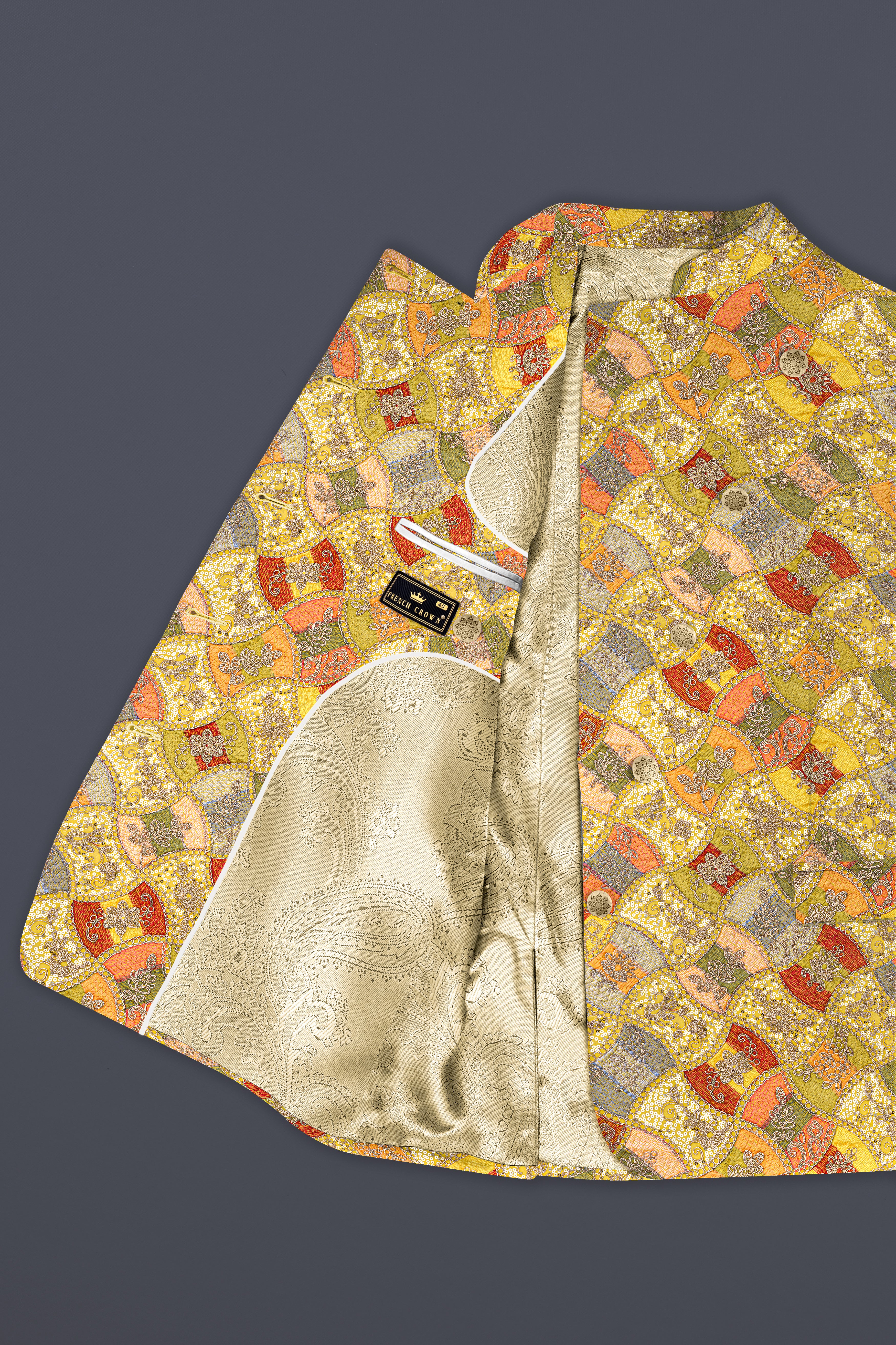 Leamon Yellow and Multicolor Embroidery Printed Cross Placket Bandhgala Jodhpuri