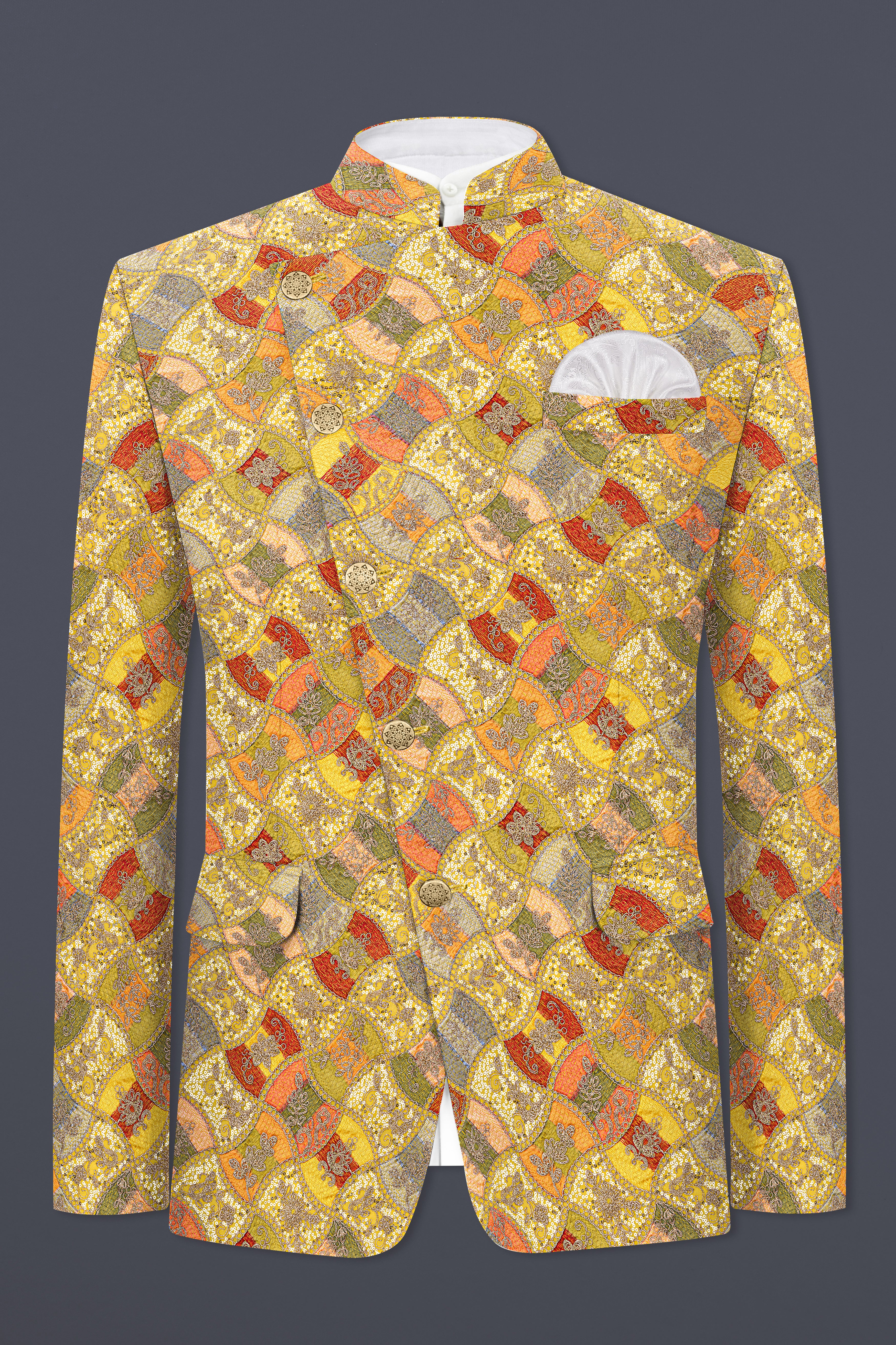 Leamon Yellow and Multicolor Embroidery Printed Cross Placket Bandhgala Jodhpuri