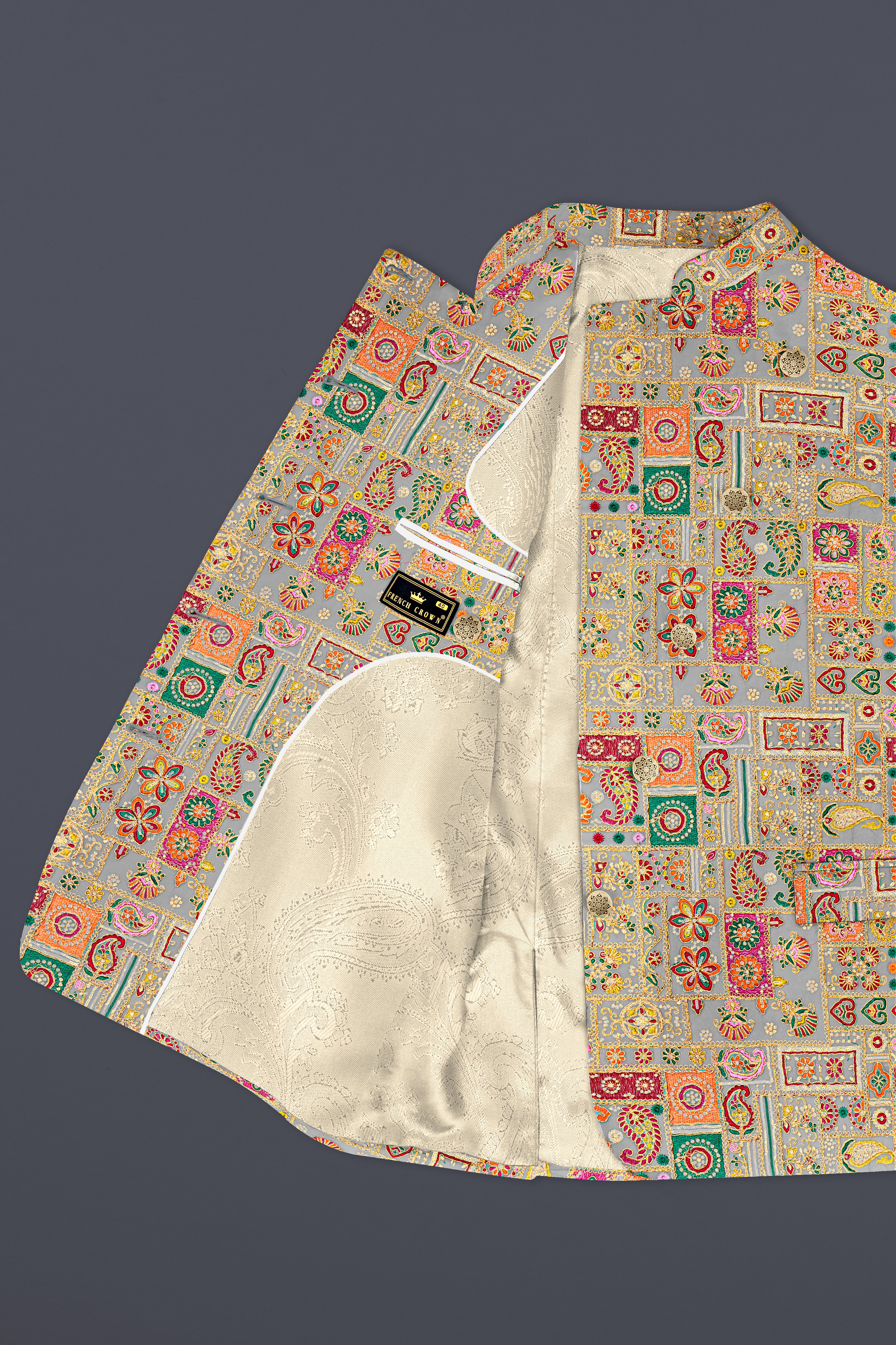 French Gray Georgette Thread and Sequins Embroidered Cross Placket Bandhgala Jodhpuri