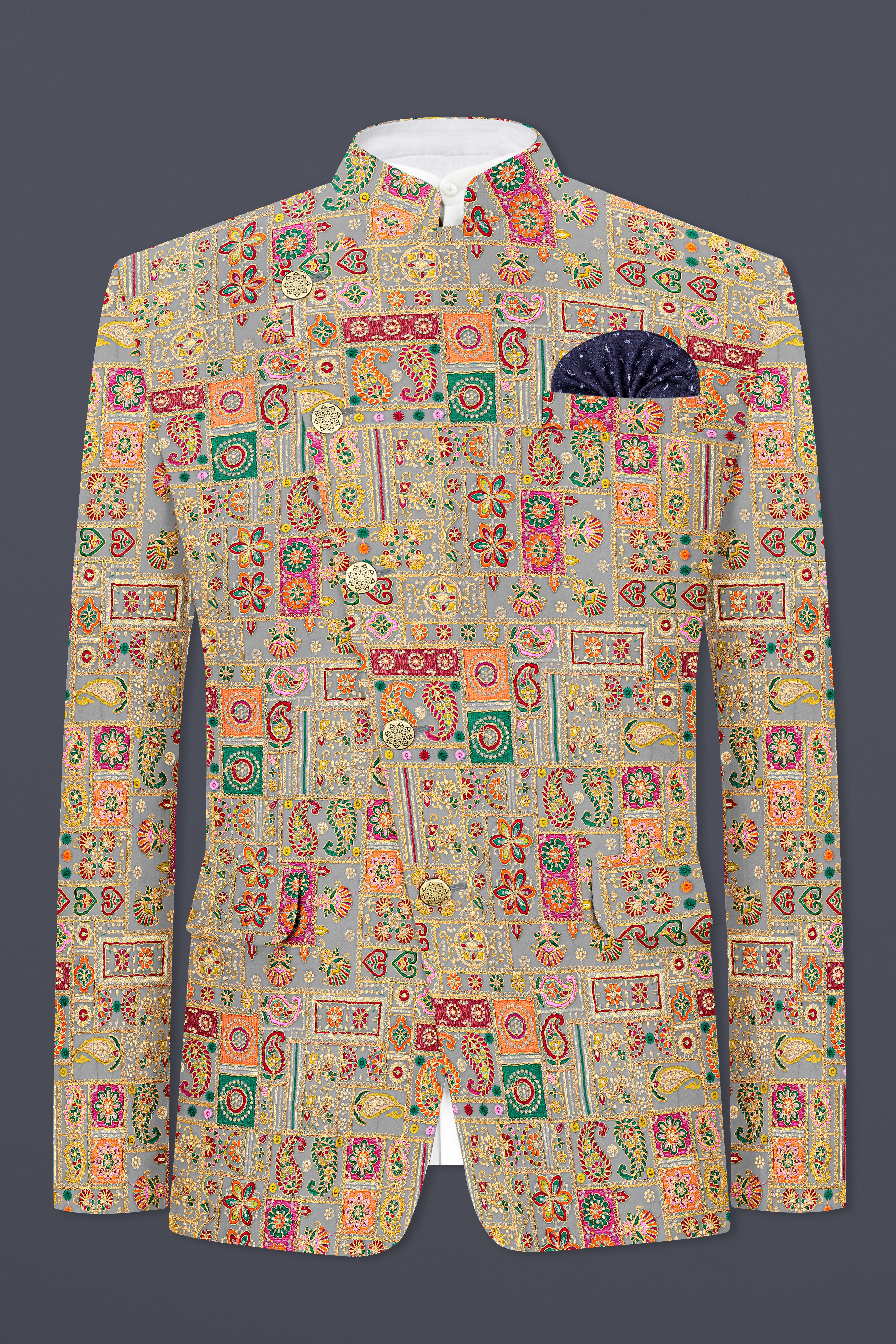 French Gray Georgette Thread and Sequins Embroidered Cross Placket Bandhgala Jodhpuri
