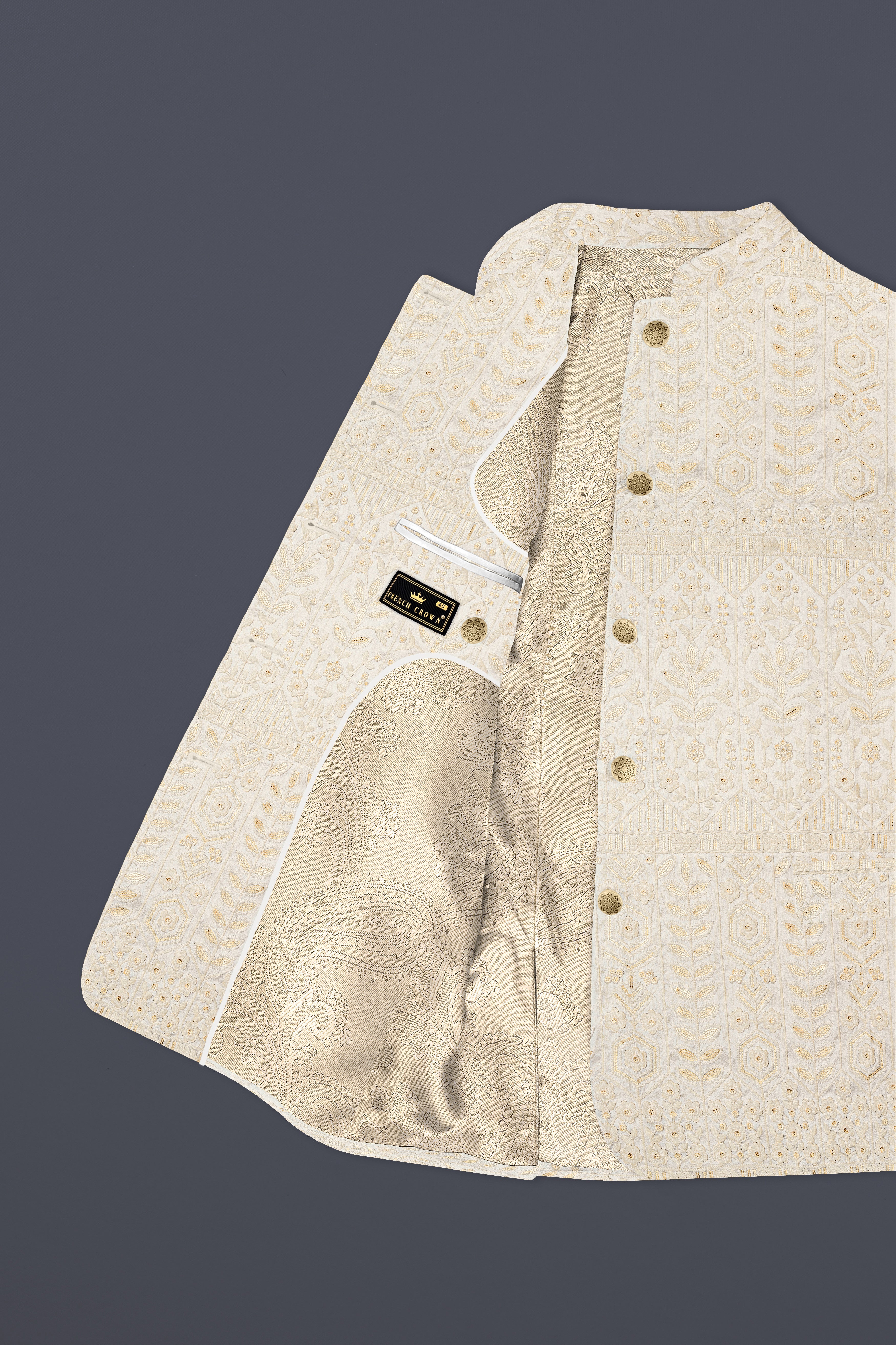 Merino Cream zardozi Sequins Embroidered Bandhgala Jodhpuri