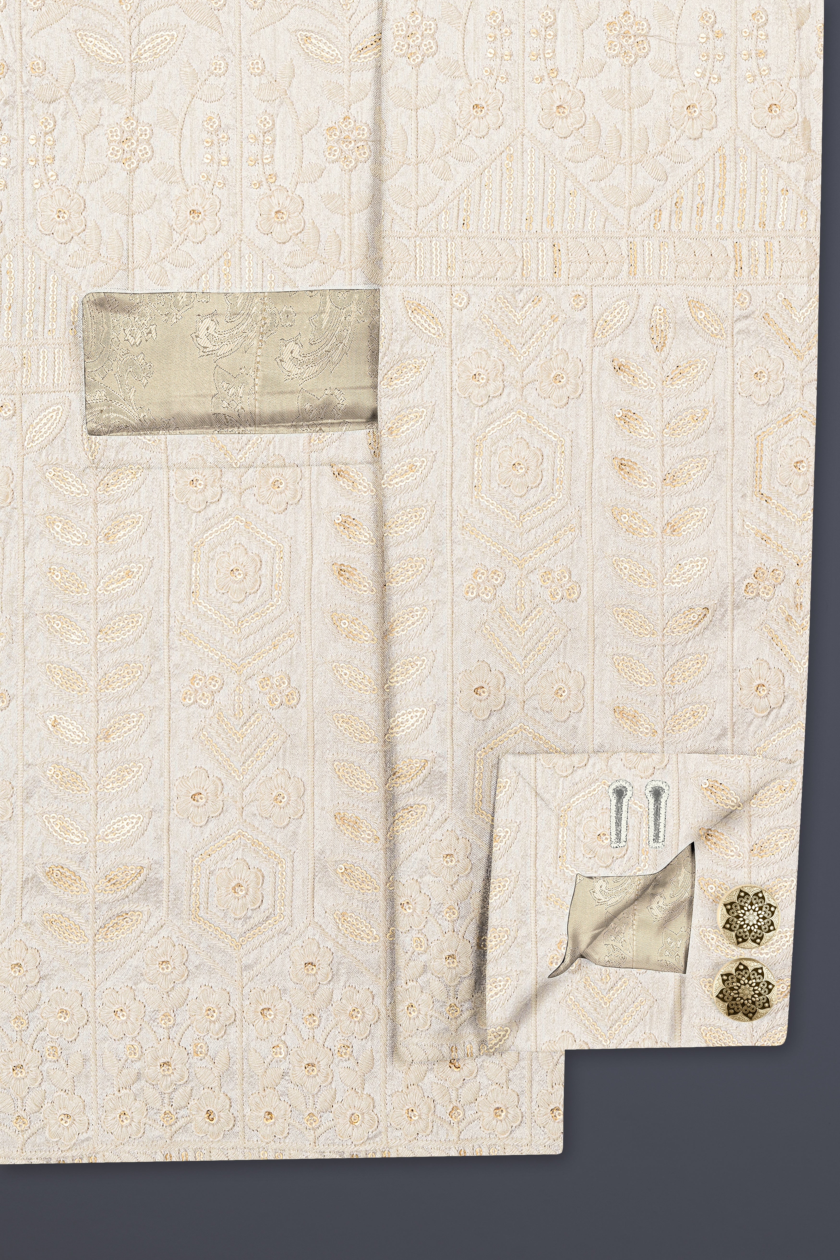 Merino Cream zardozi Sequins Embroidered Bandhgala Jodhpuri