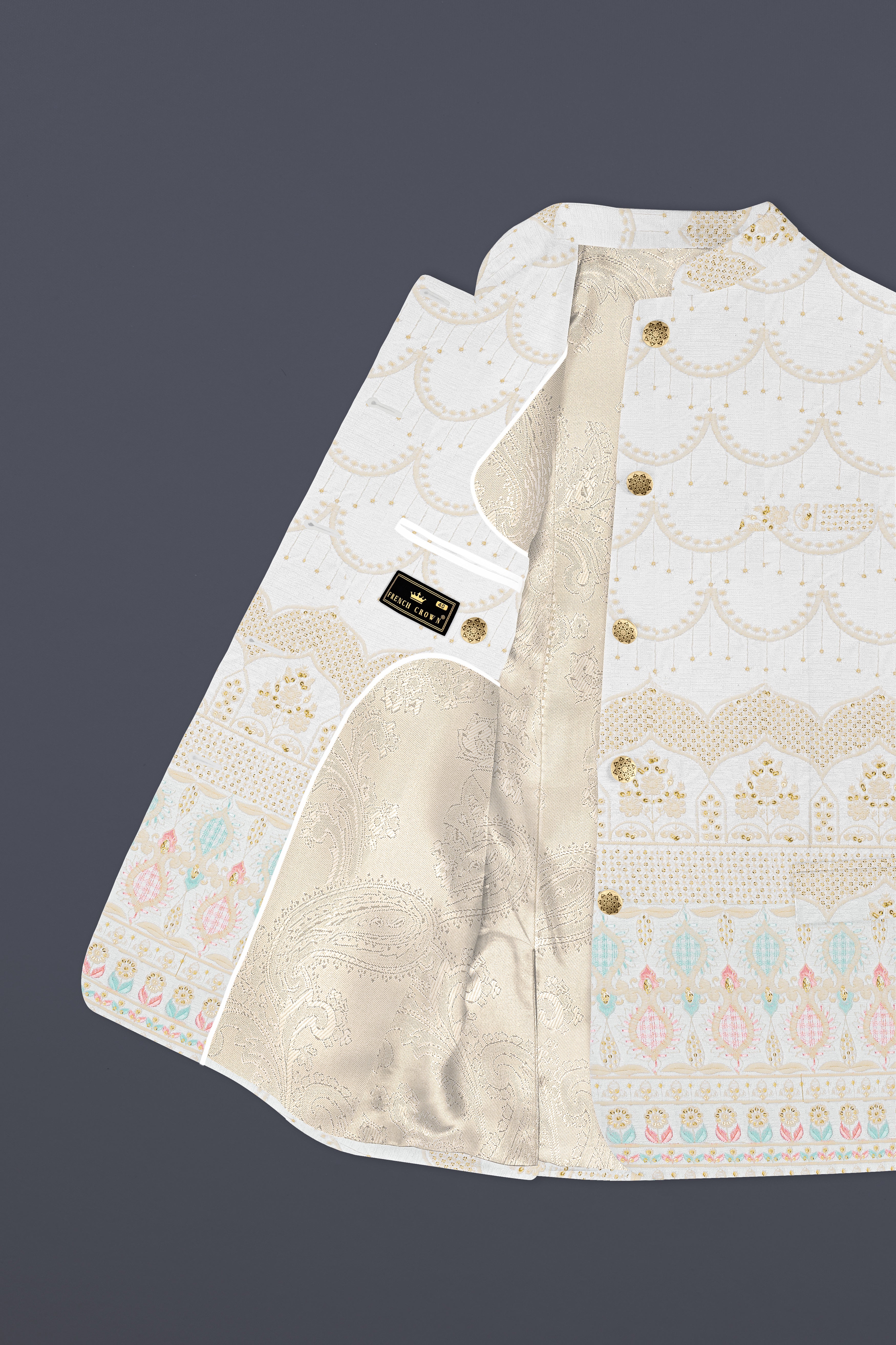 Off White And Oriental Pink Sequins Embroidered Bandhgala Jodhpuri