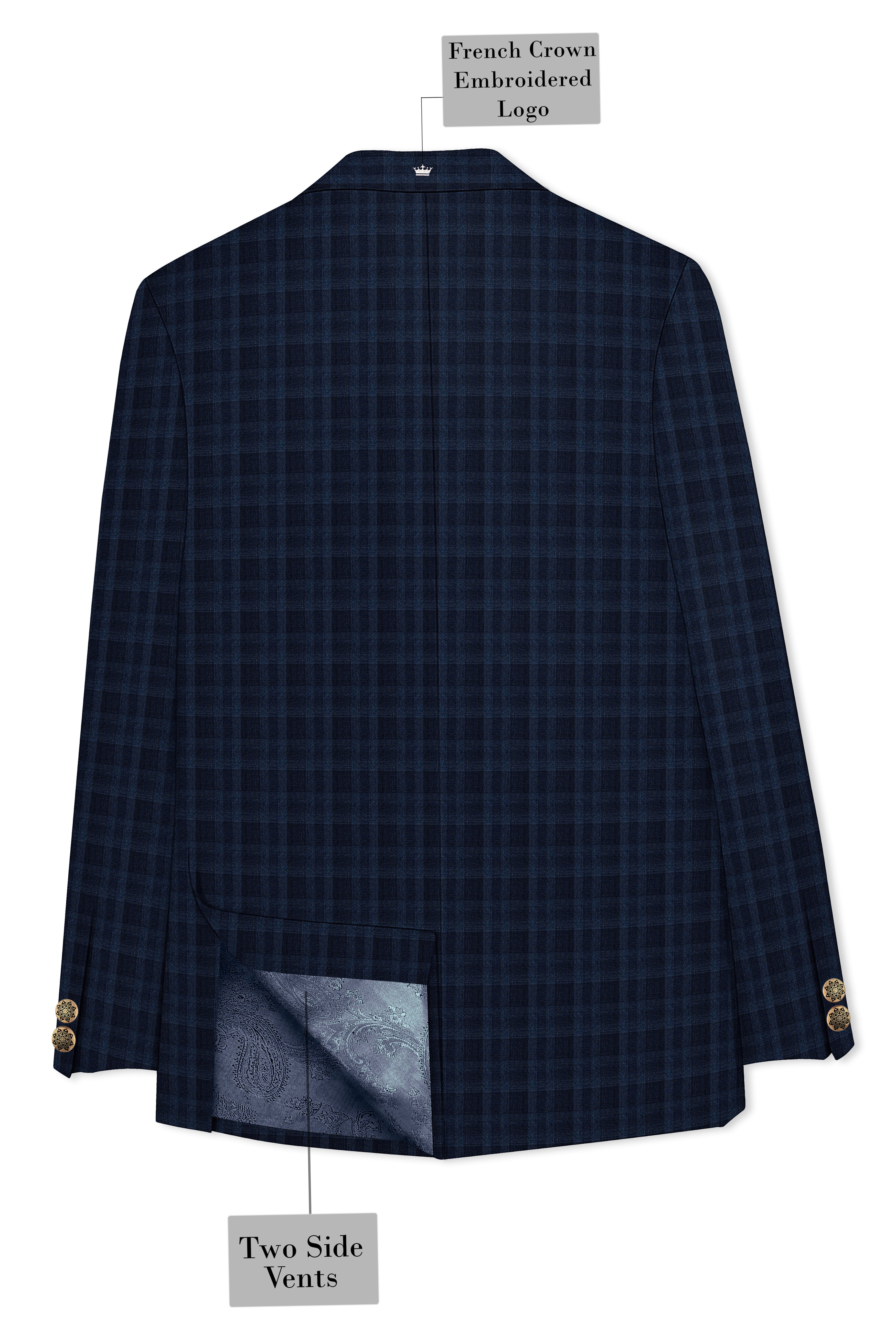 Baltic Blue Plaid Wool Rich Cross Placket Bandhgala Blazer