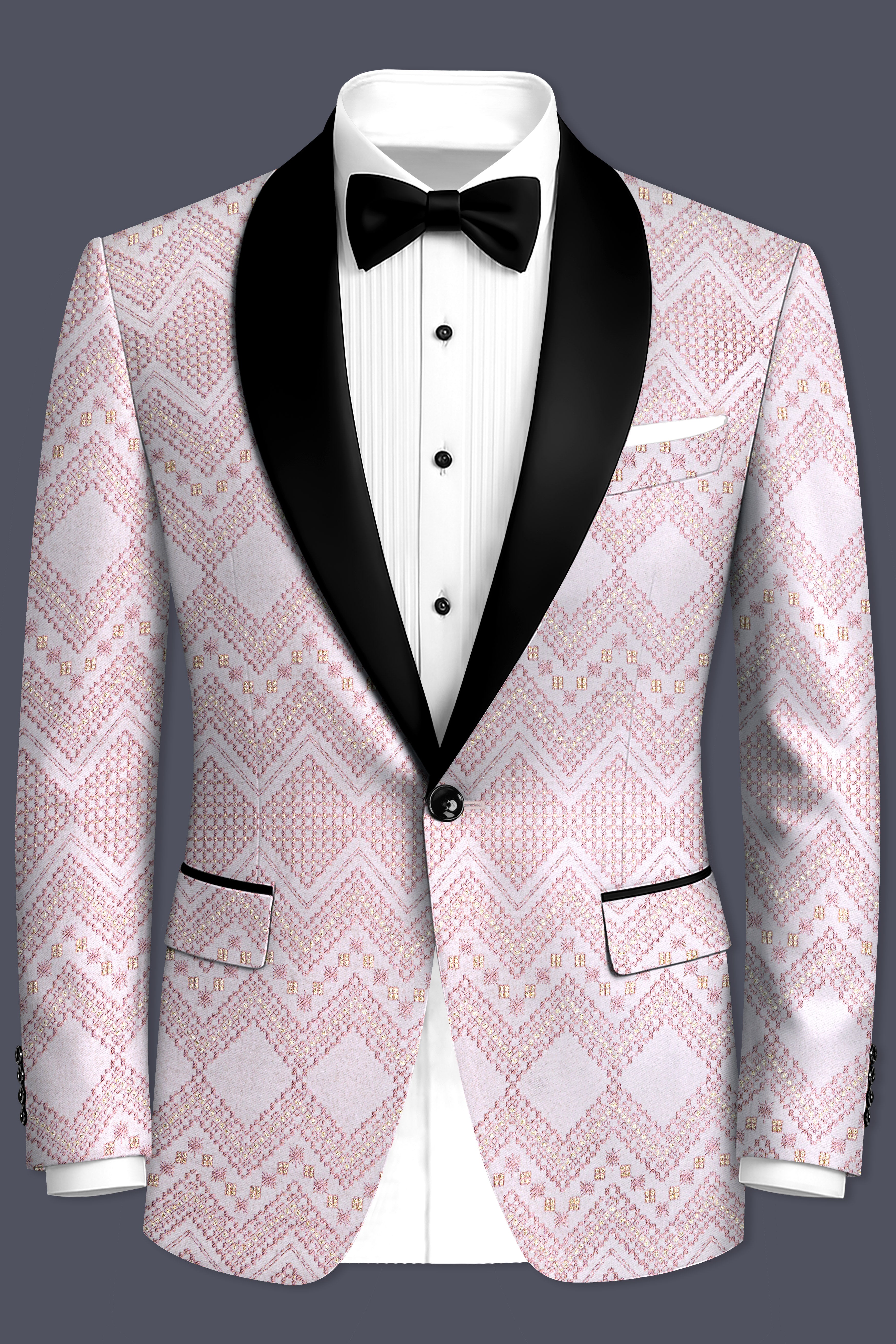 Blossom Pink Thread and Chevron Sequin Embroidered Tuxedo Blazer