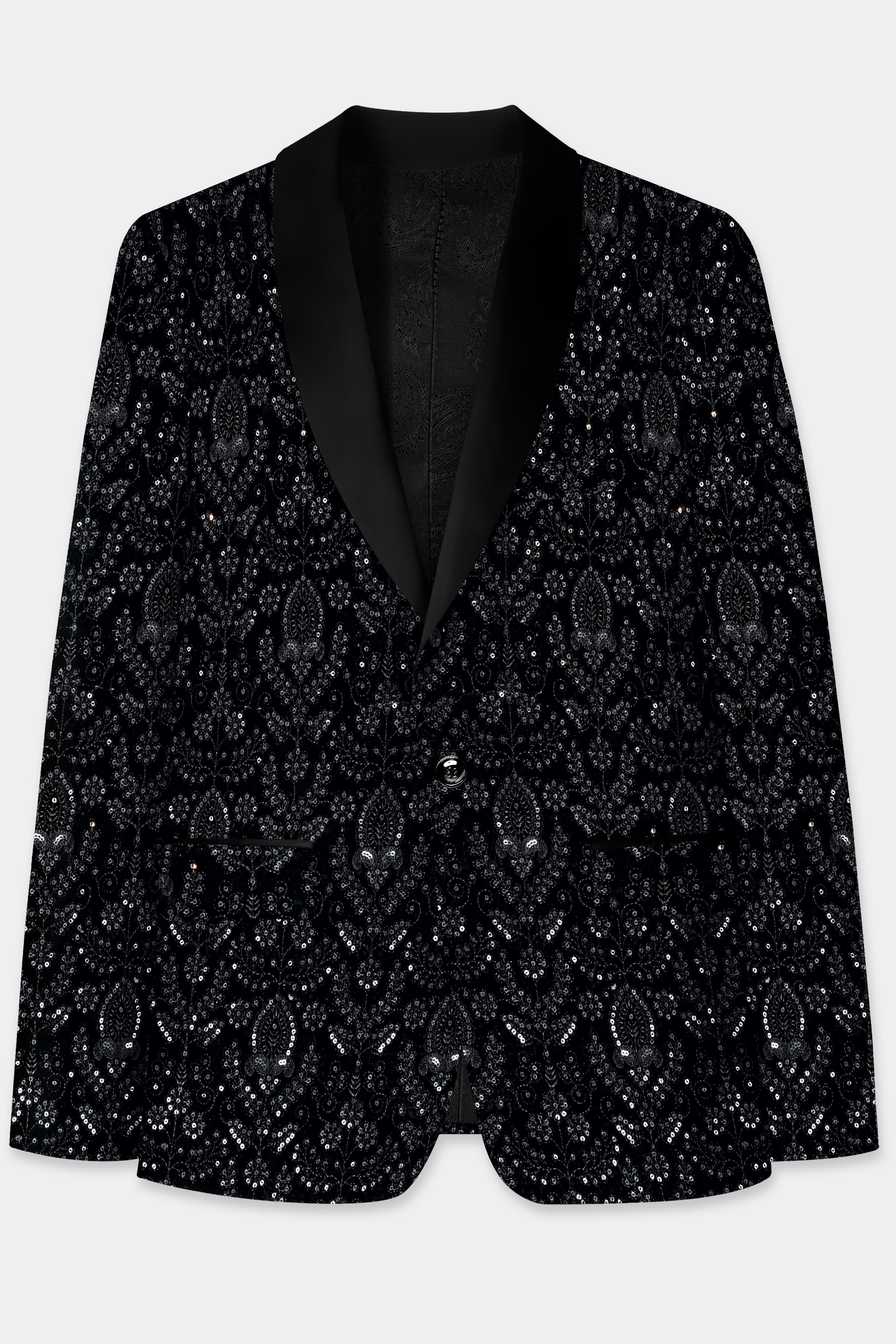 Jade Black Thread and Sequin Embroidered Tuxedo Blazer BL3705-BKL-36, BL3705-BKL-38, BL3705-BKL-40, BL3705-BKL-42, BL3705-BKL-44, BL3705-BKL-46, BL3705-BKL-48, BL3705-BKL-50, BL3705-BKL-52, BL3705-BKL-54, BL3705-BKL-56, BL3705-BKL-58, BL3705-BKL-60