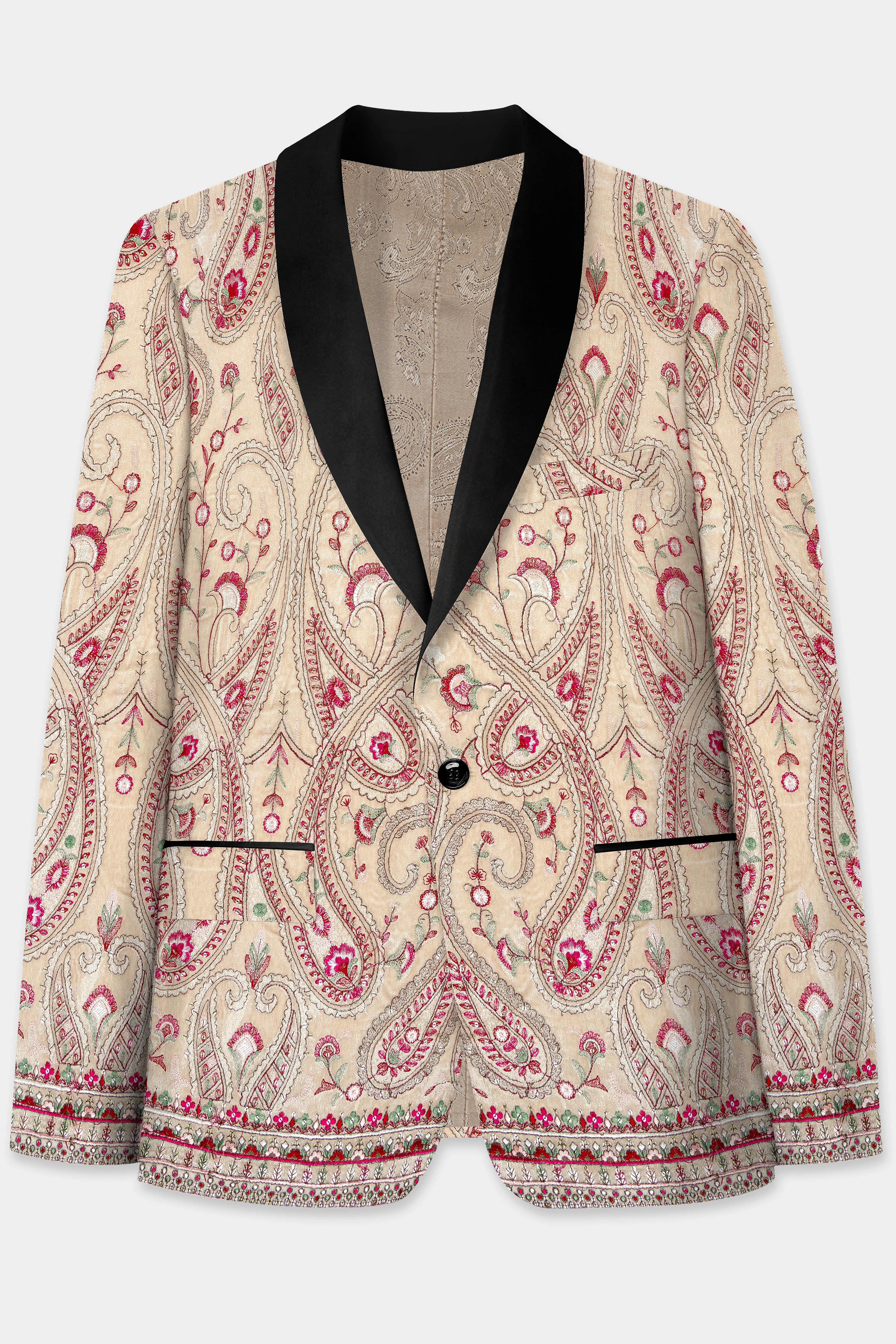 Bisque Brown and Cardinal Pink Floral Thread Embroidered Tuxedo Blazer BL3706-BKL-36, BL3706-BKL-38, BL3706-BKL-40, BL3706-BKL-42, BL3706-BKL-44, BL3706-BKL-46, BL3706-BKL-48, BL3706-BKL-50, BL3706-BKL-52, BL3706-BKL-54, BL3706-BKL-56, BL3706-BKL-58, BL3706-BKL-60