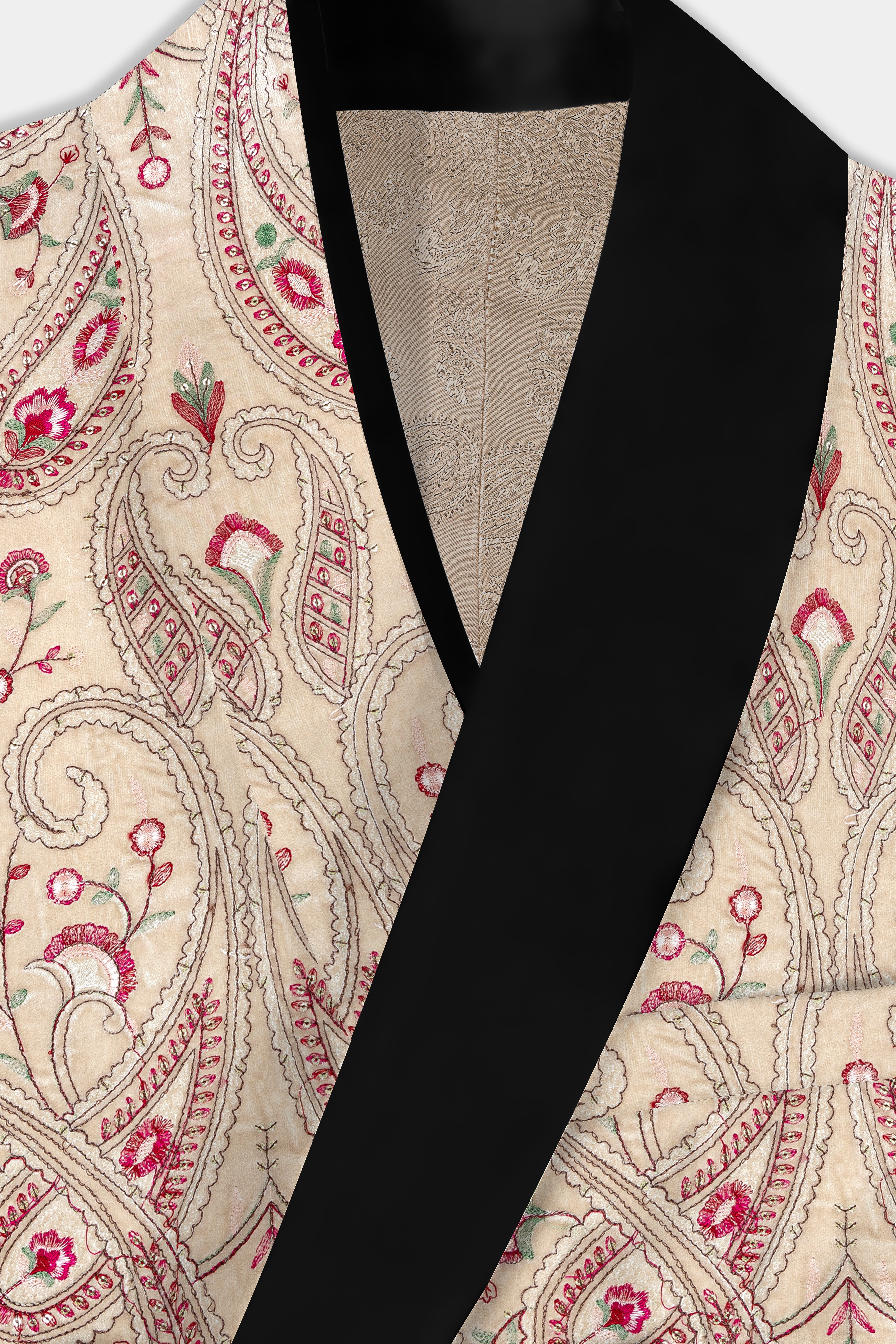 Bisque Brown and Cardinal Pink Floral Thread Embroidered Tuxedo Blazer BL3706-BKL-36, BL3706-BKL-38, BL3706-BKL-40, BL3706-BKL-42, BL3706-BKL-44, BL3706-BKL-46, BL3706-BKL-48, BL3706-BKL-50, BL3706-BKL-52, BL3706-BKL-54, BL3706-BKL-56, BL3706-BKL-58, BL3706-BKL-60