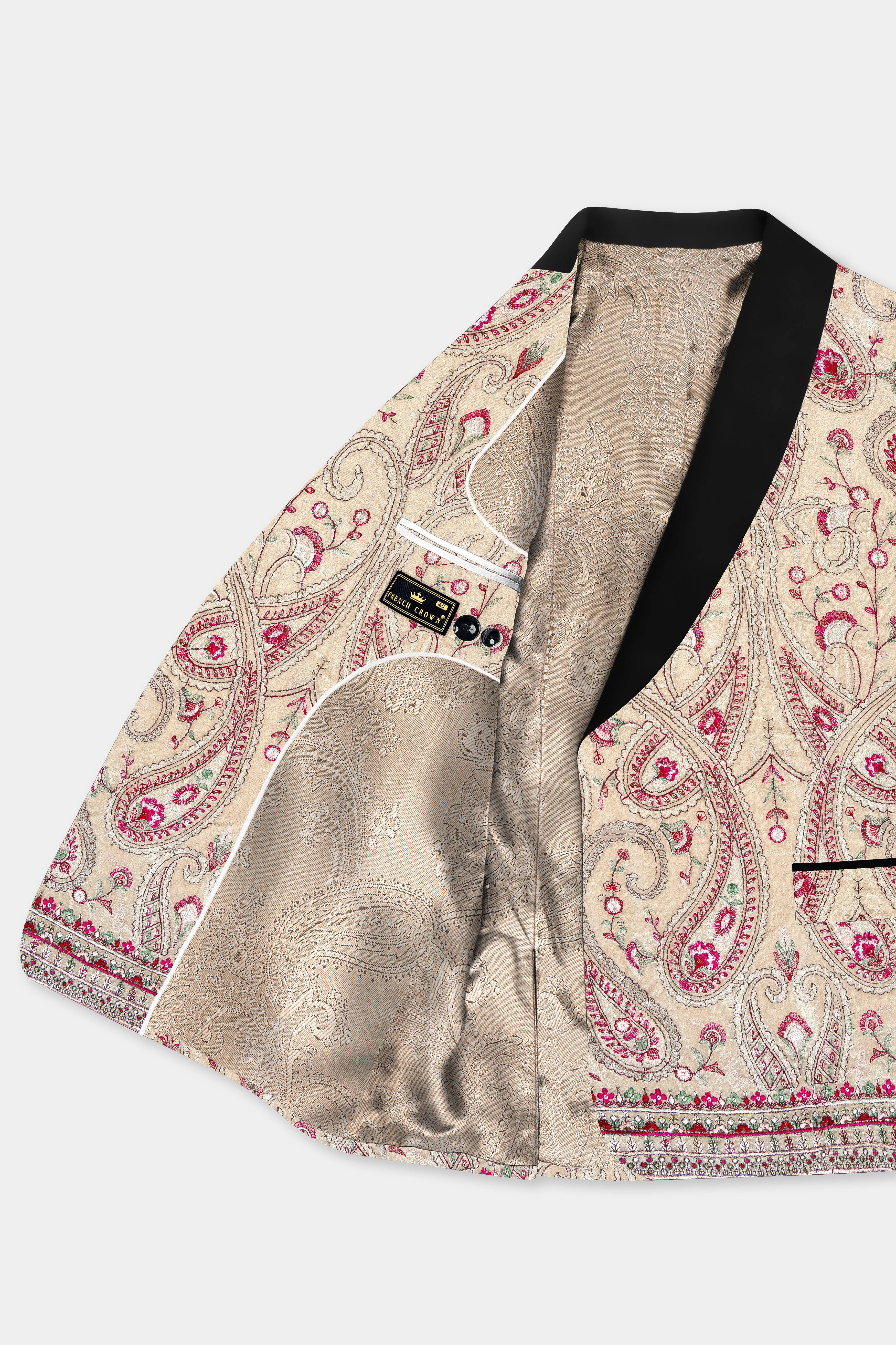 Bisque Brown and Cardinal Pink Floral Thread Embroidered Tuxedo Blazer BL3706-BKL-36, BL3706-BKL-38, BL3706-BKL-40, BL3706-BKL-42, BL3706-BKL-44, BL3706-BKL-46, BL3706-BKL-48, BL3706-BKL-50, BL3706-BKL-52, BL3706-BKL-54, BL3706-BKL-56, BL3706-BKL-58, BL3706-BKL-60